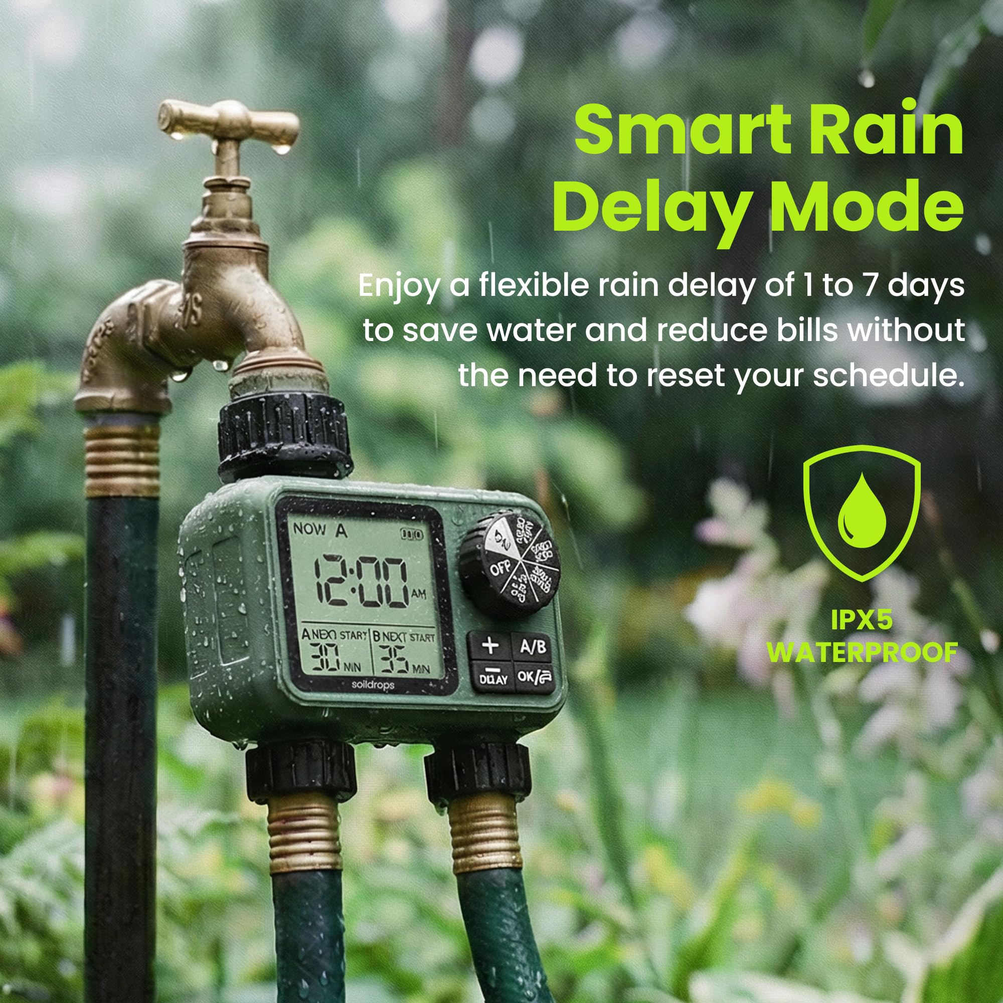 Soildrops timer attached to hose powering a garden sprinkler for automated watering