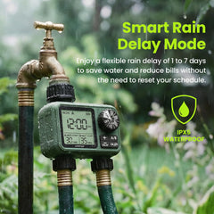 Soildrops timer attached to hose powering a garden sprinkler for automated watering