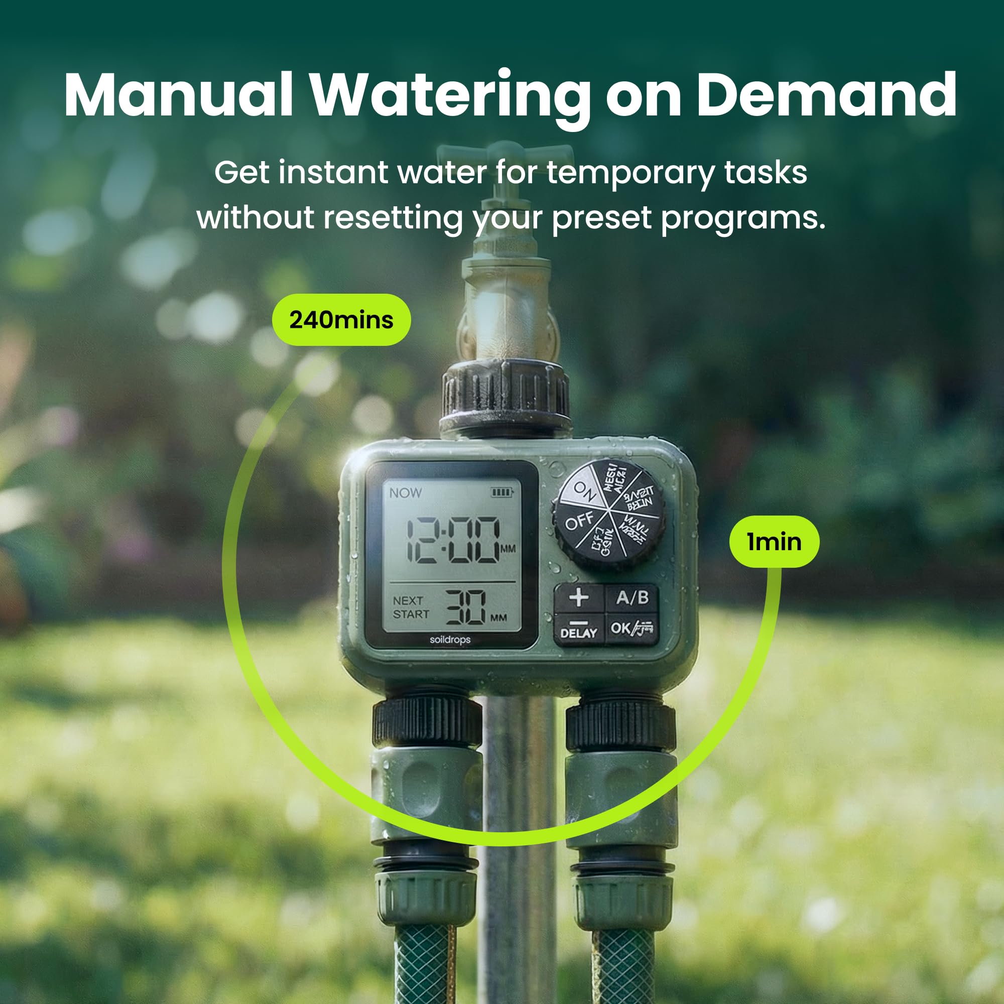 Soildrops two outlet connections for simultaneous sprinkler or drip line control