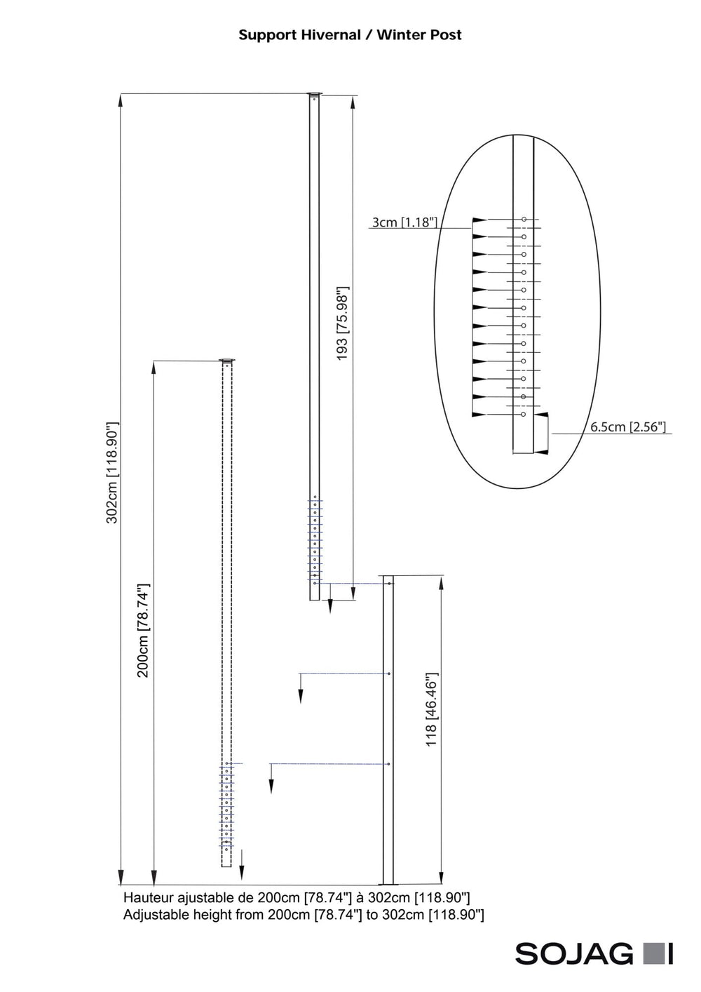 Sojag winter support post close-up of pre-drilled base for fast anchoring benefit