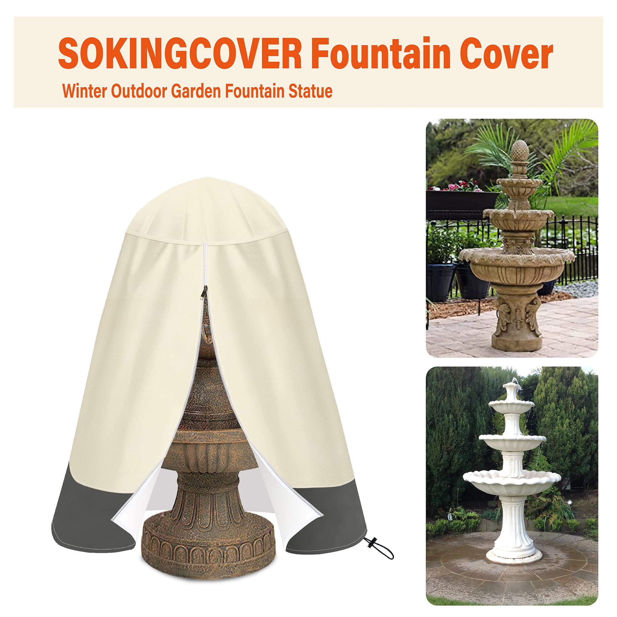 SOKINGCOVER on fountain in backyard demonstrating seasonal outdoor protection