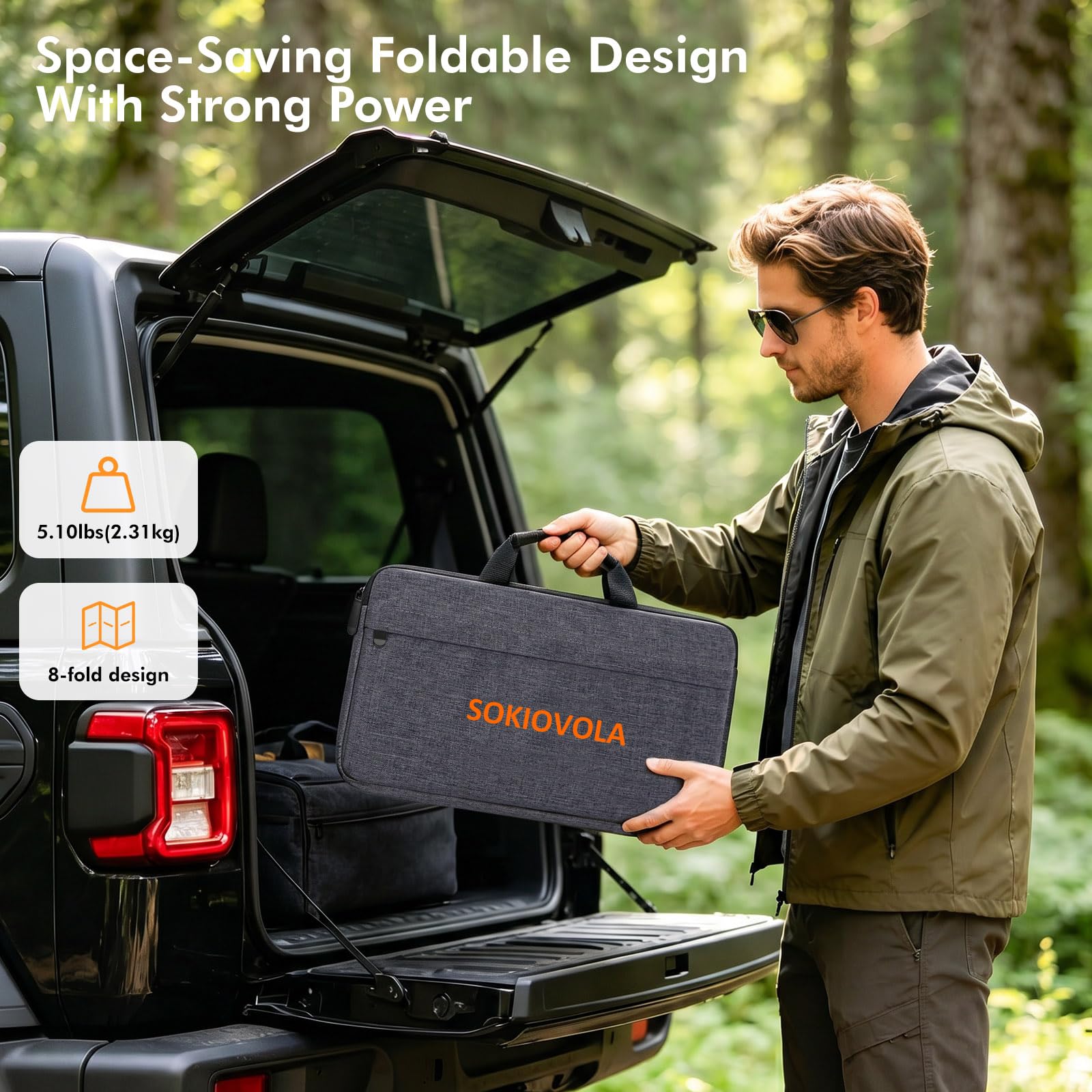 SOKIOVOLA panel beside a backpack to display compact size and travel convenience