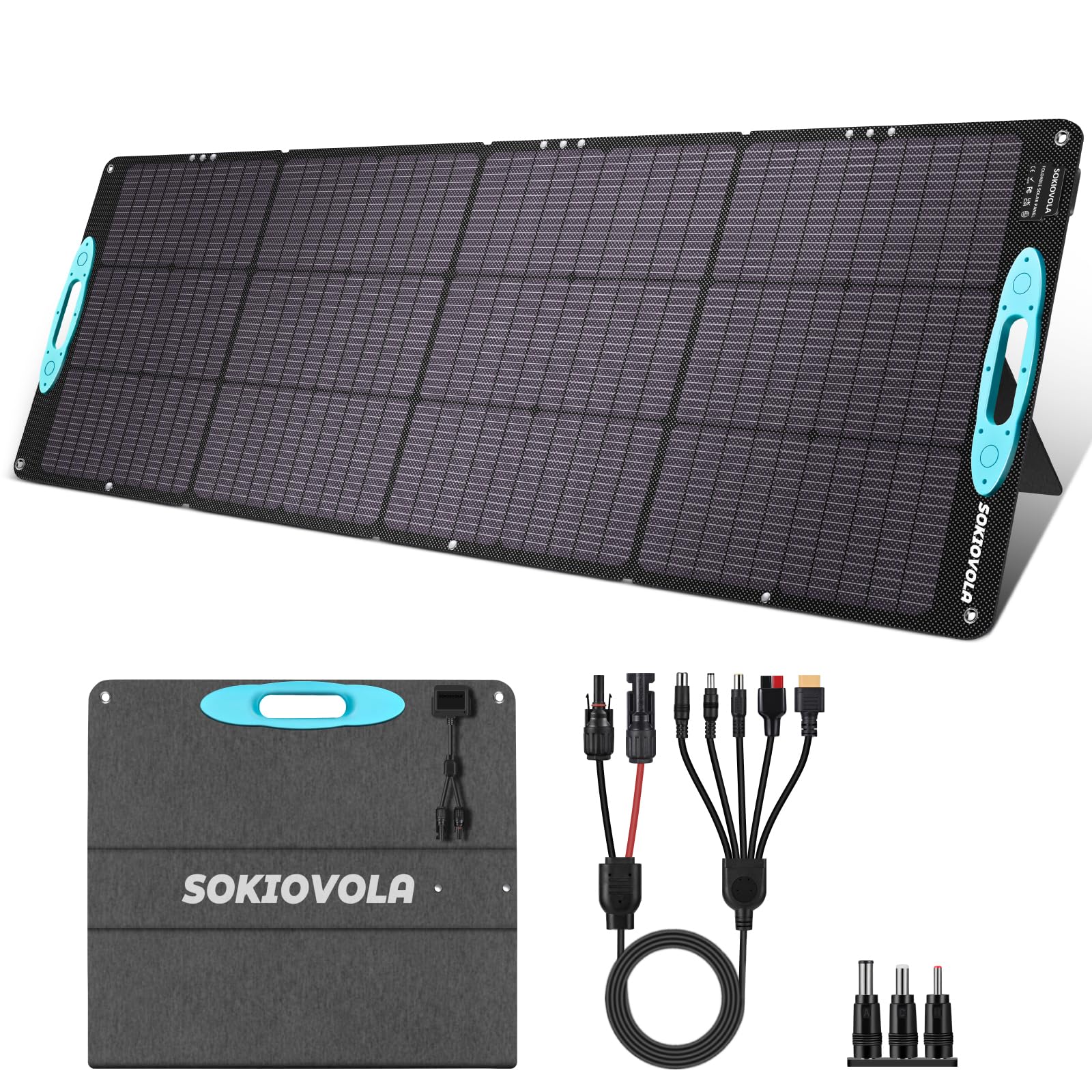SOKIOVOLA front view of folded 200W panel showing portability and quick setup