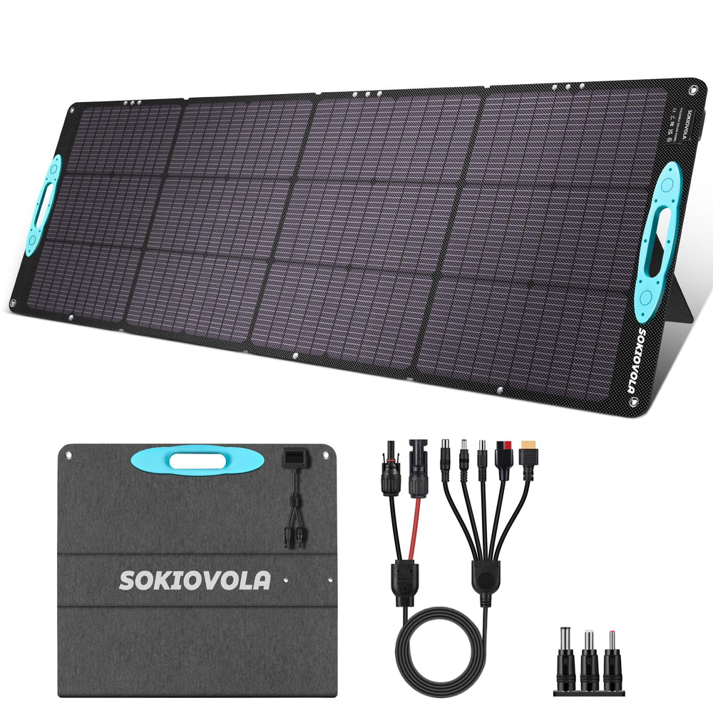 SOKIOVOLA front view of folded 200W panel showing portability and quick setup