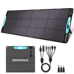 SOKIOVOLA front view of folded 200W panel showing portability and quick setup