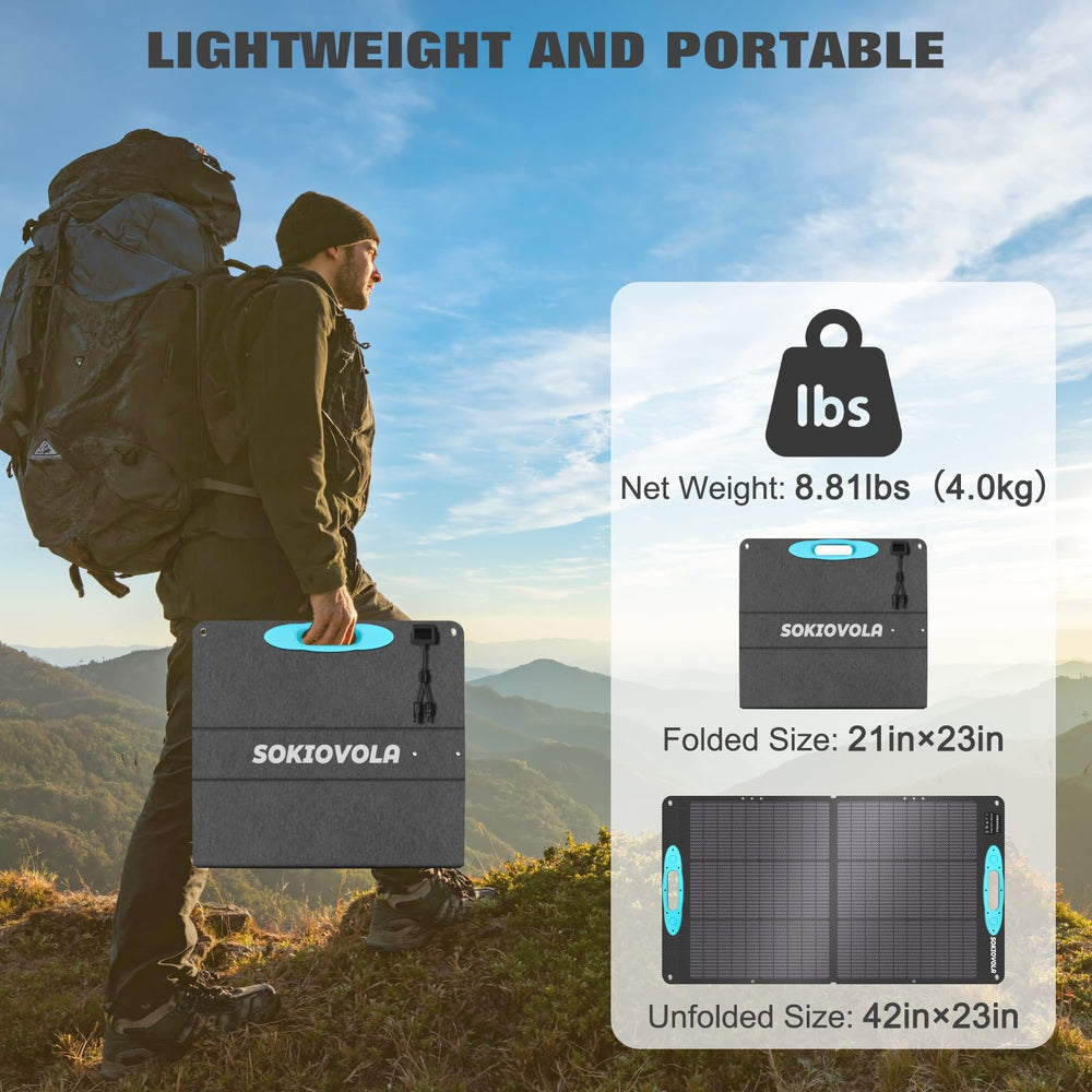 SOKIOVOLA folded panel in hand demonstrating lightweight portability and convenience