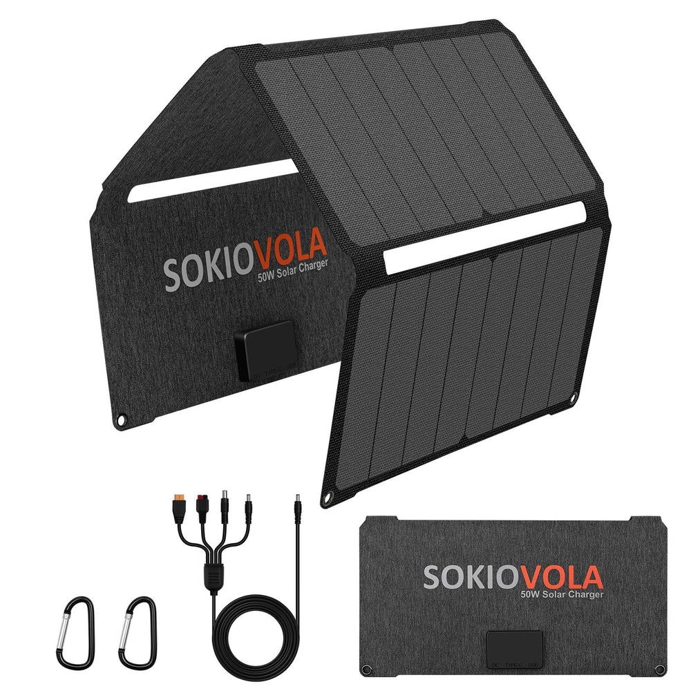 SOKIOVOLA front view open showing panels and fast charging outputs for reliable power