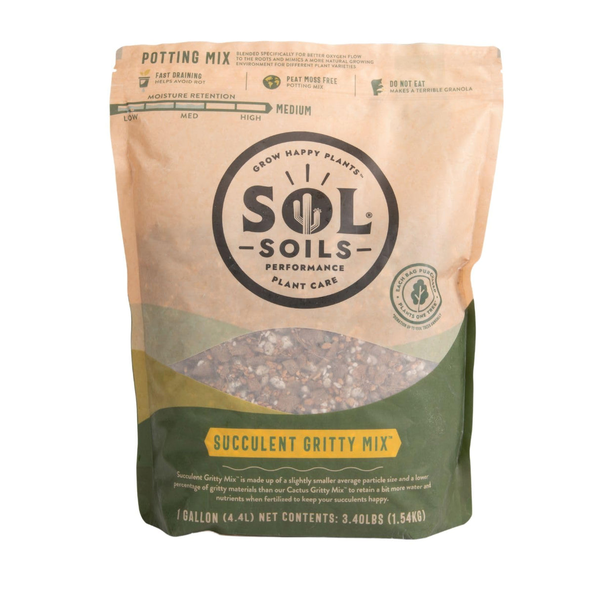 sol soils front bag showing product branding and fast-draining benefits