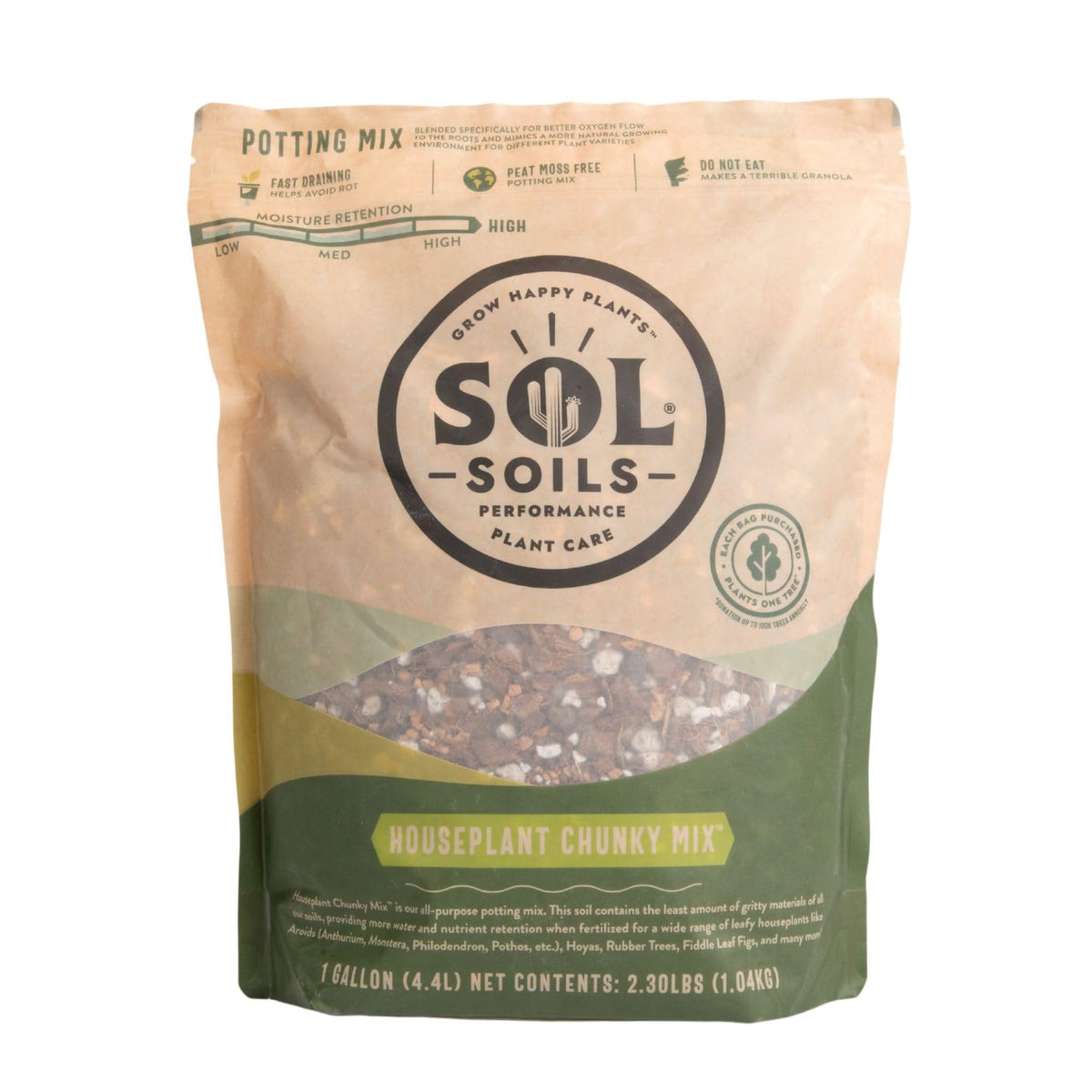 sol soils front of bag showing brand and chunky potting mix benefits