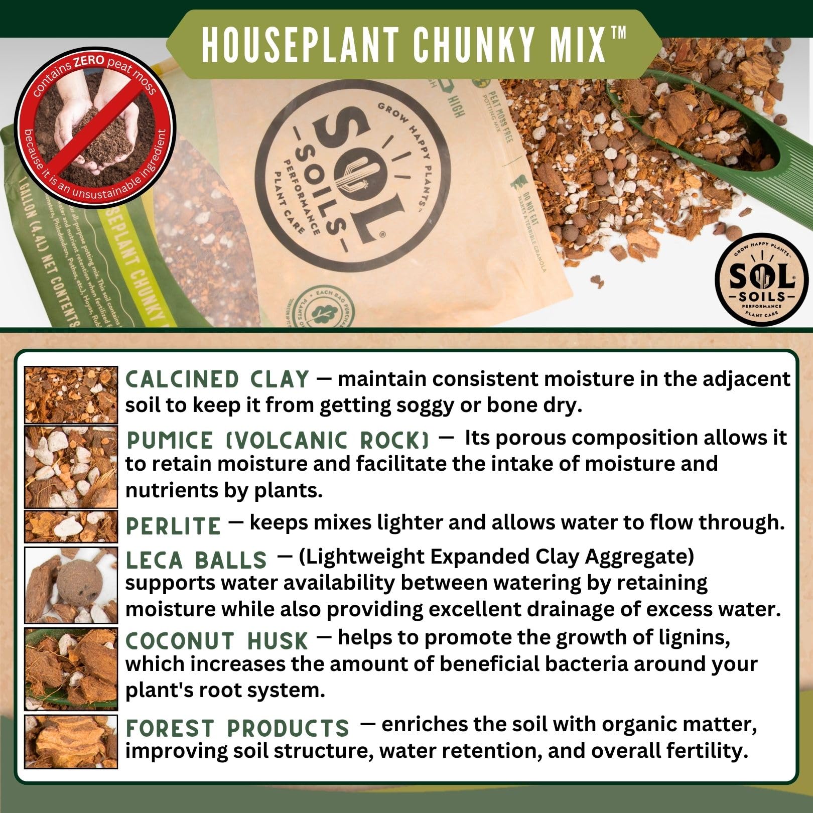 sol soils label and ingredients list highlighting peat-free benefit