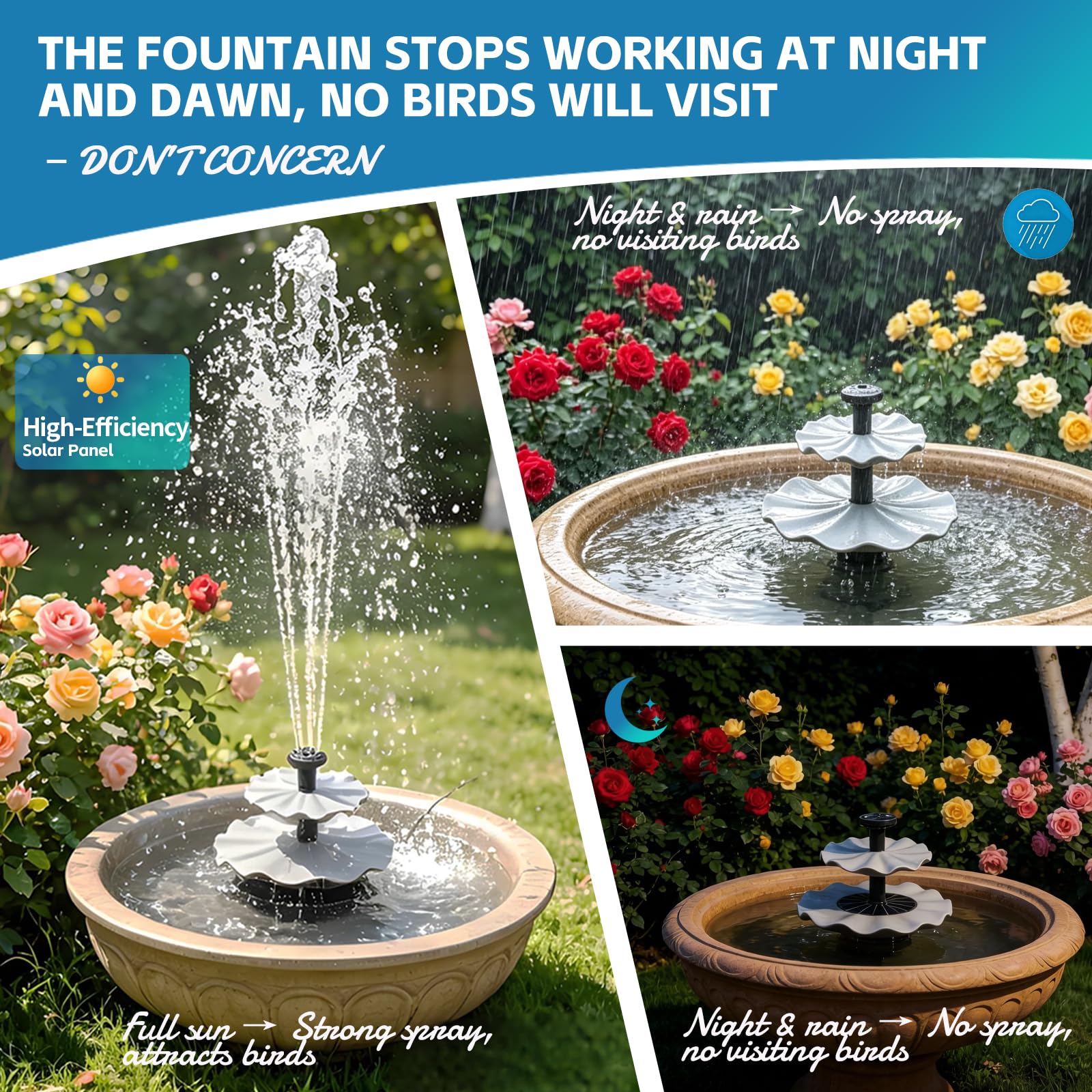 Solaceura pump operating in bird bath, steady water flow attracts birds