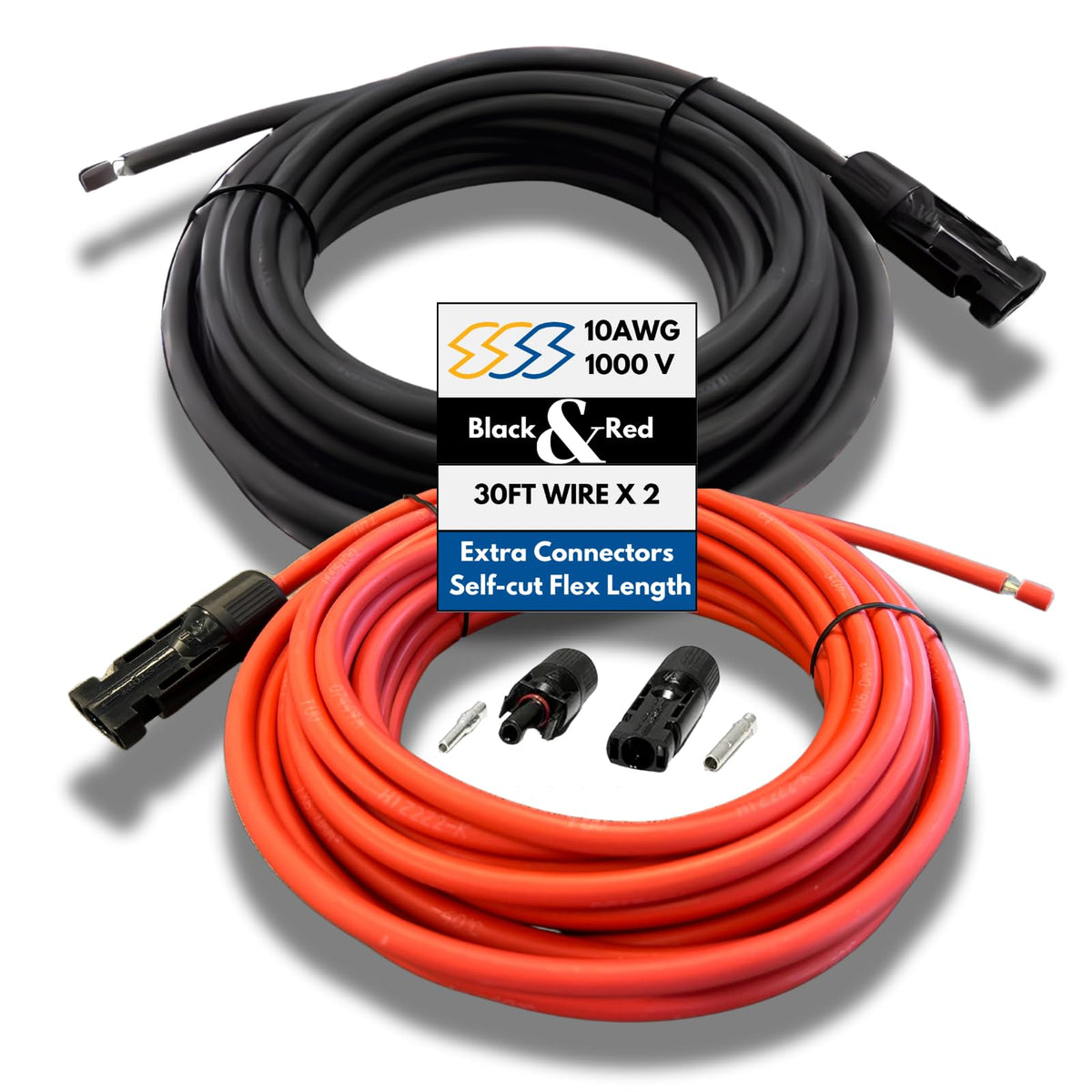Solar Super Sonic front packaging showing 30FT cable pair and included connectors for quick install