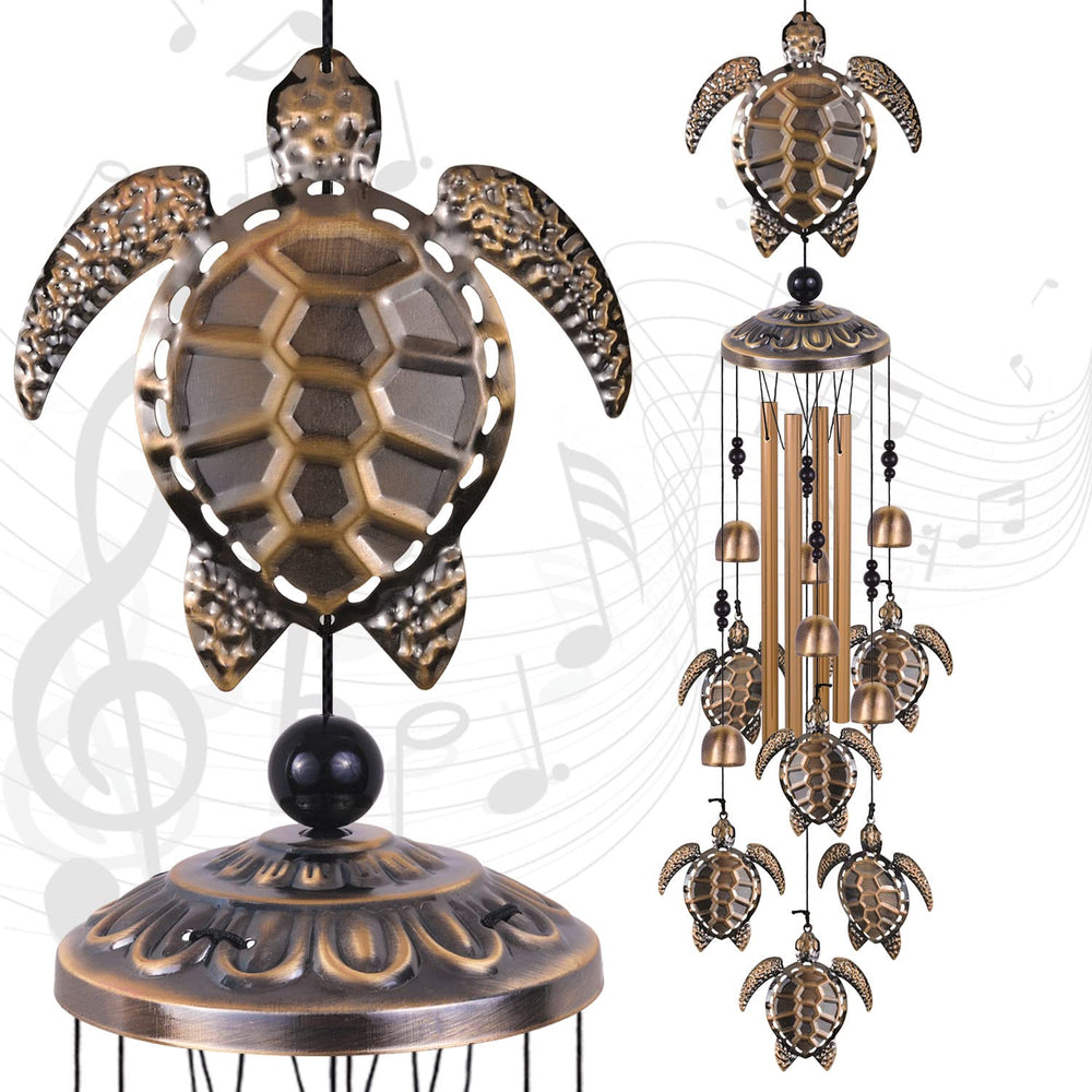 Solawindchime front view showing bronze sea turtle and balanced tones benefit: coastal decor