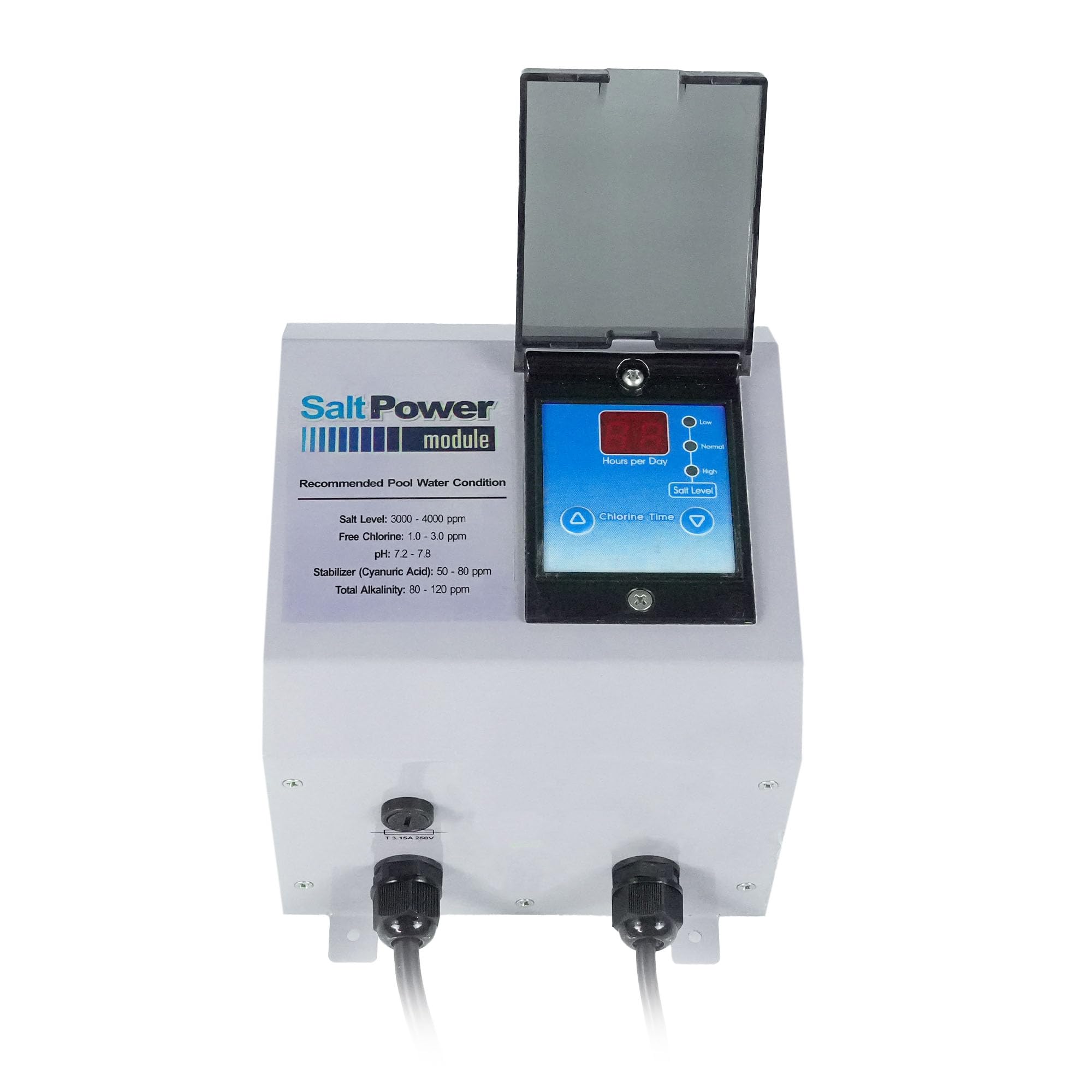Solaxx Saltron Retro mounted by pool pump showing no-plumbing plug-and-play advantage