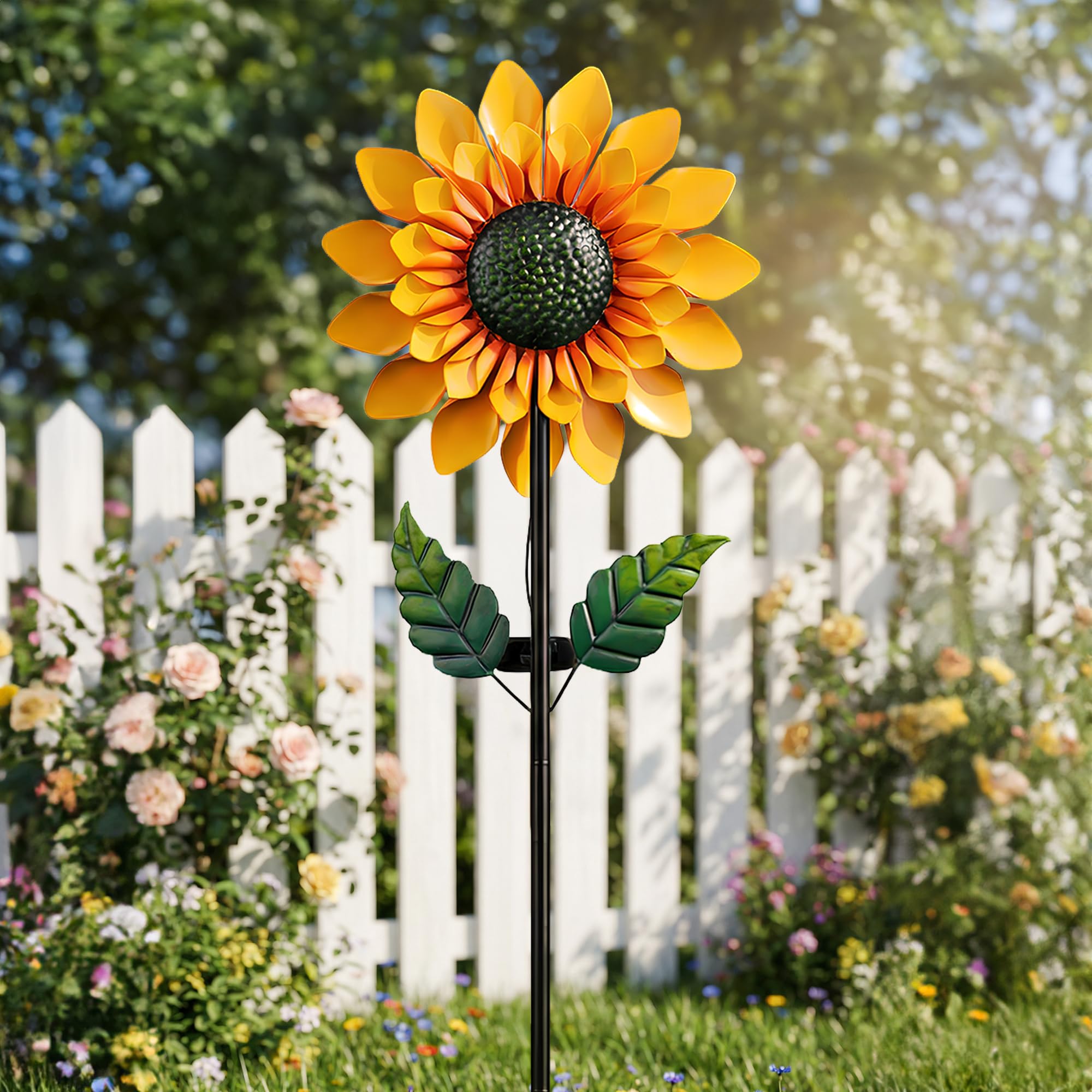 Solgicar sunflower spinner in a garden setting adding visual focal interest