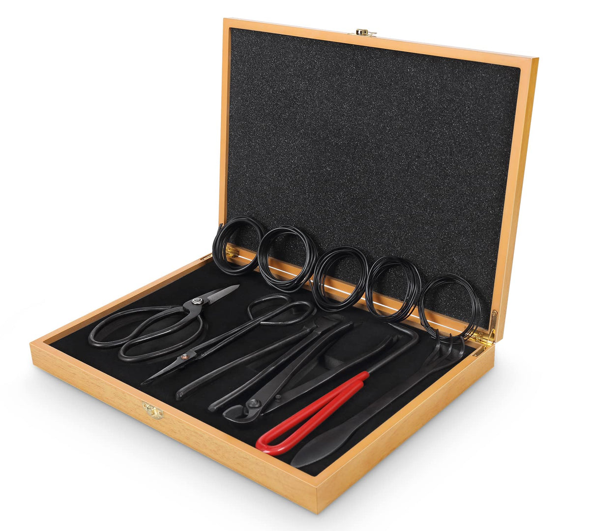 SOLIGT front view of full 12-piece set in wood box showing organized tools and gift appeal