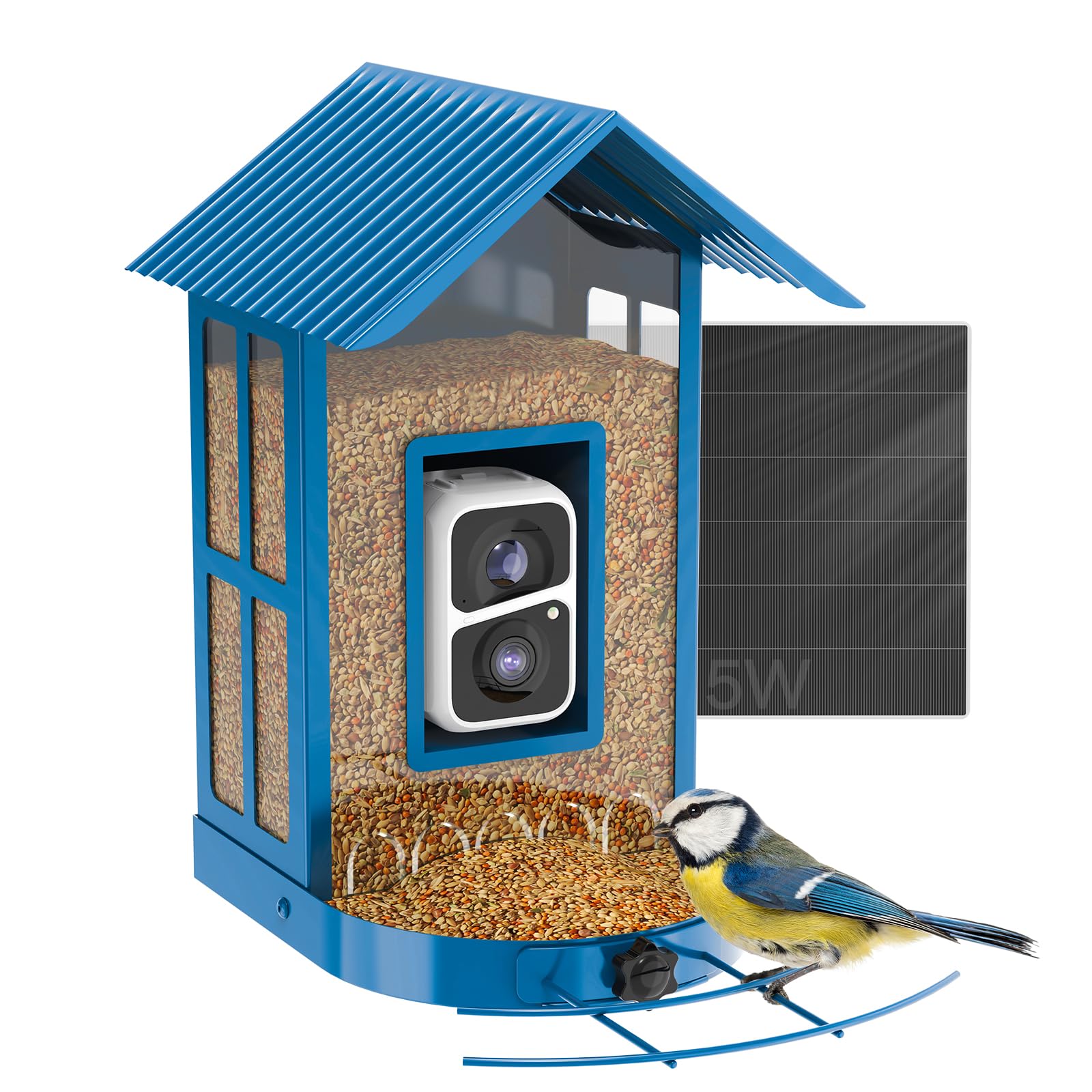 SOLIOM BF08 front view showing metal feeder and camera for durable backyard watching