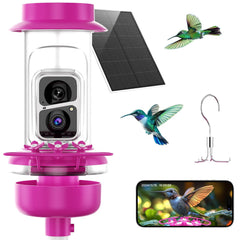 SOLIOM feeder front view showing pink reservoir and feeding ports for easy attraction