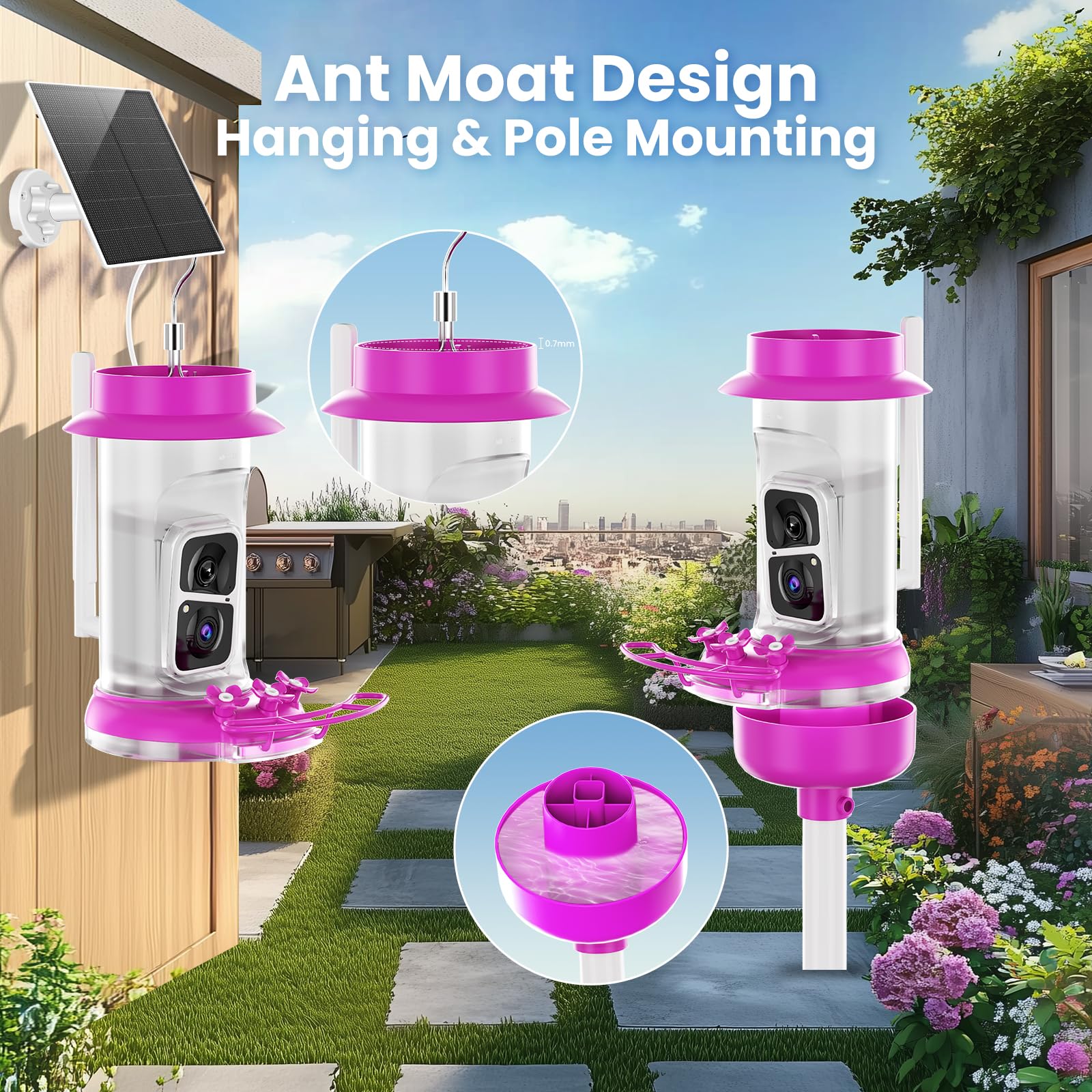 SOLIOM feeder next to water bottle showing 16 oz capacity for fewer refills