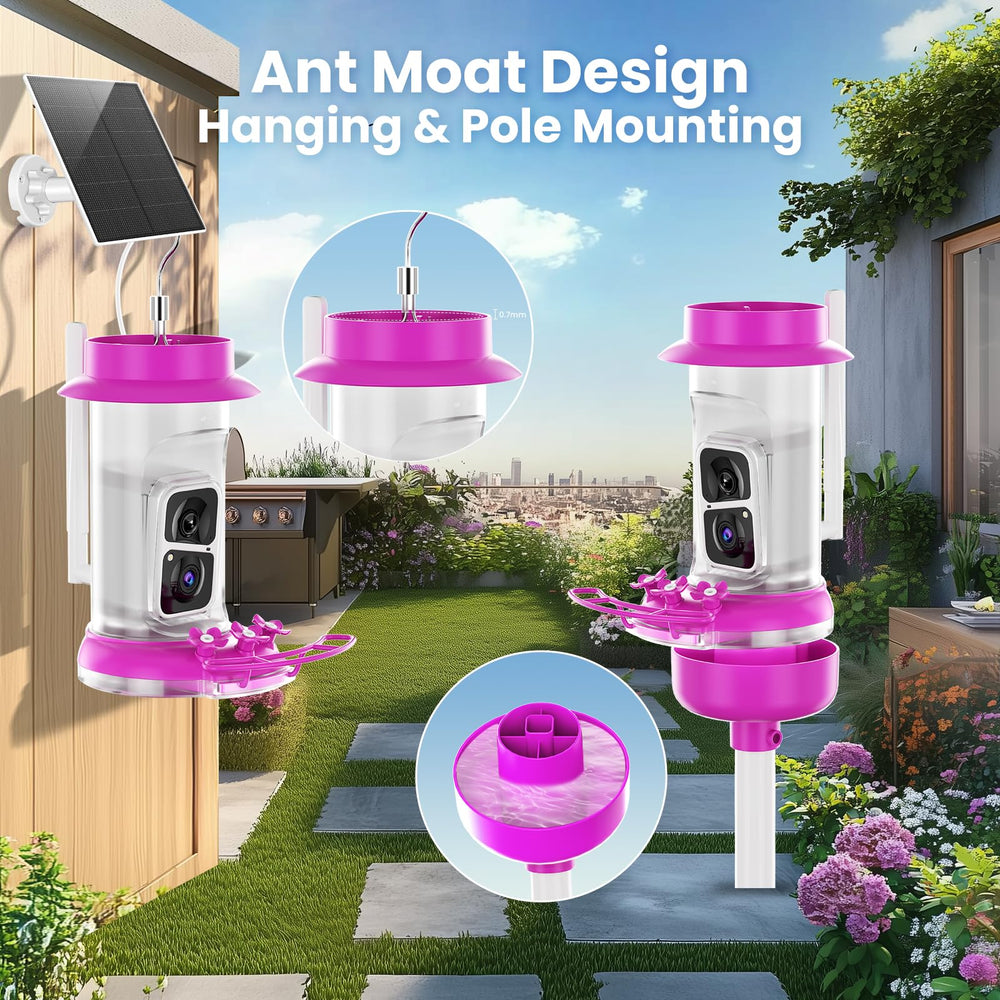 SOLIOM feeder next to water bottle showing 16 oz capacity for fewer refills