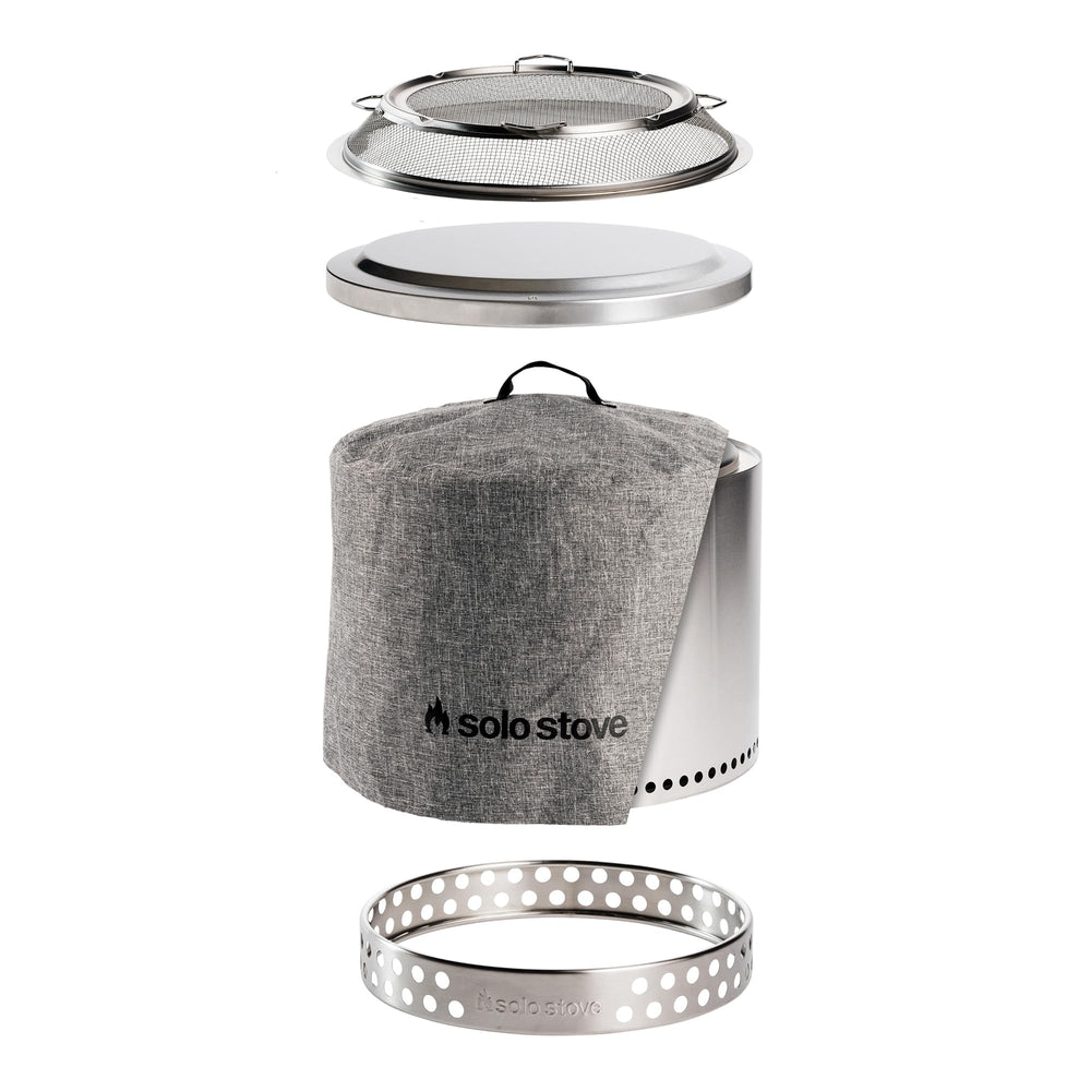 Solo Stove Bonfire front view showing stainless steel fire pit and flame, clean aesthetic