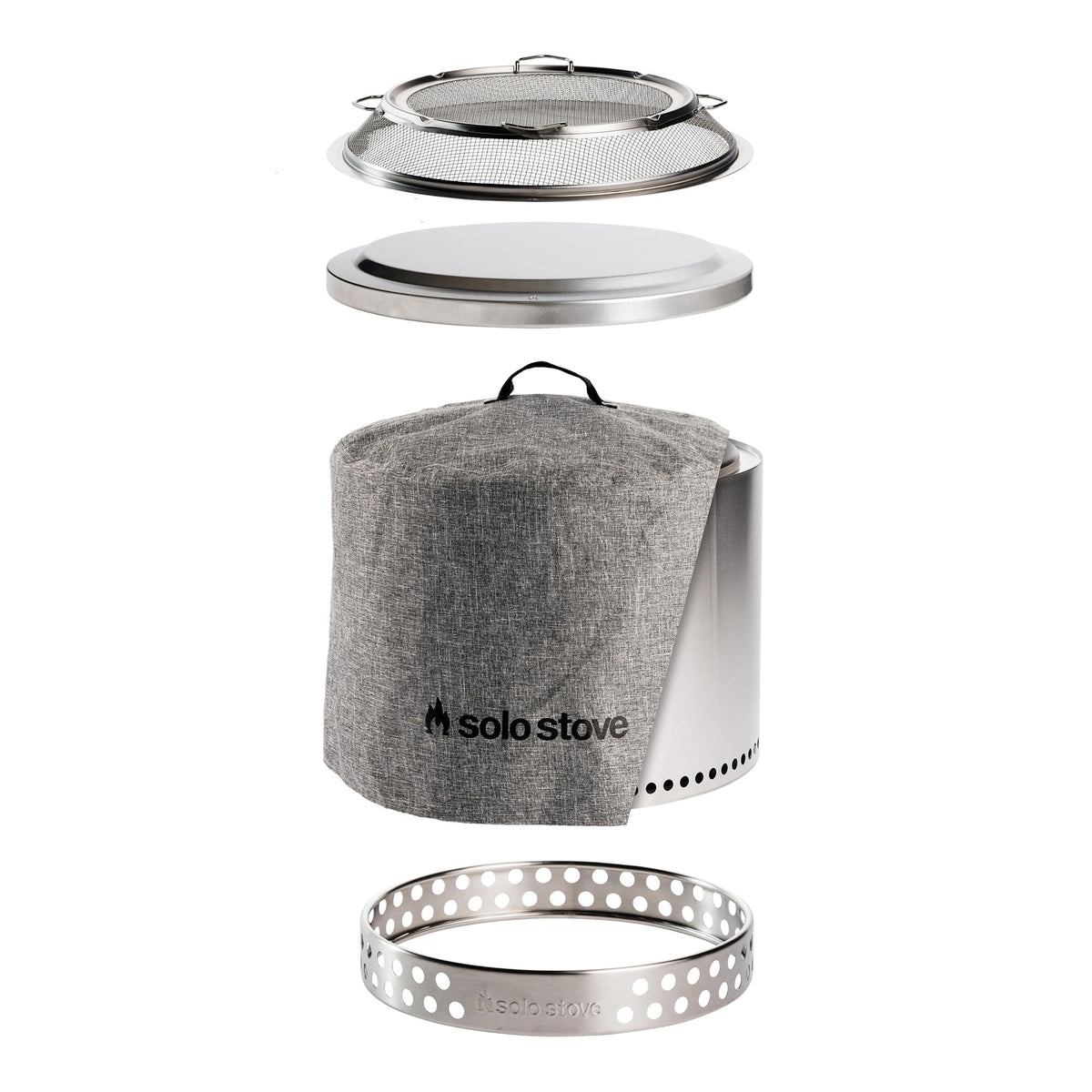 Solo Stove Bonfire front view showing stainless steel fire pit and flame, clean aesthetic