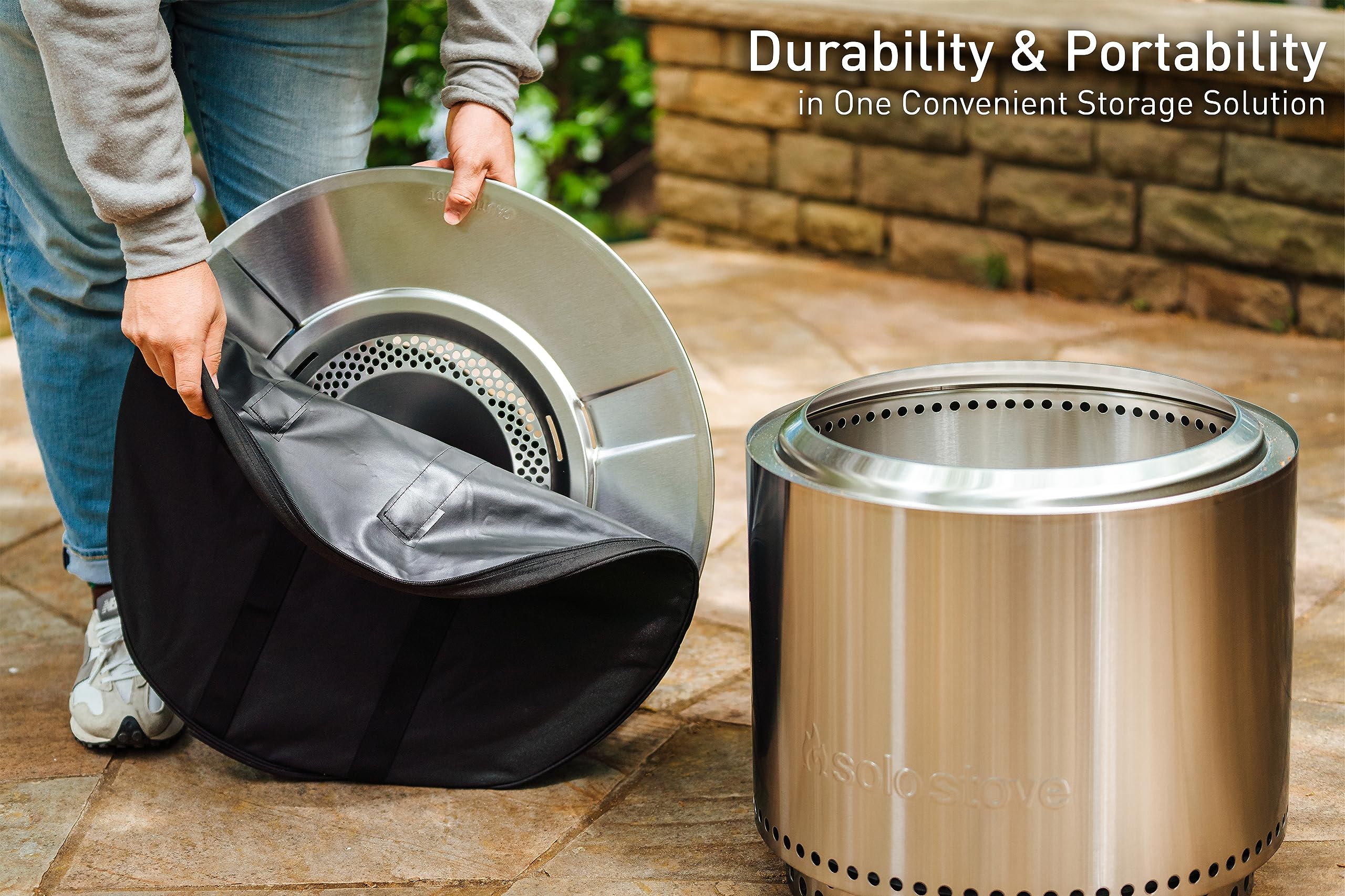 Solo Stove bag open with Heat Deflector inside showing organized safe storage