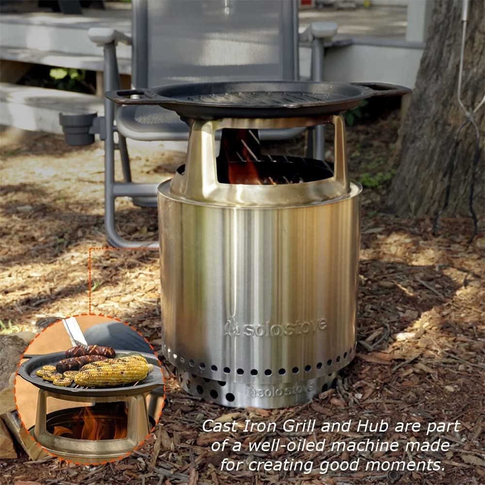 Solo Stove grilling eggs and steaks on cast iron demonstrating versatile cooking
