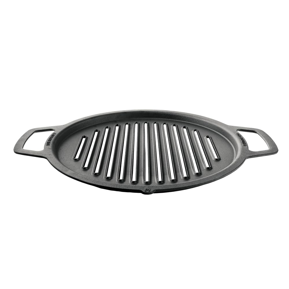 Solo Stove front view of the large cast iron grill top showing durable cooking surface and benefit of stability