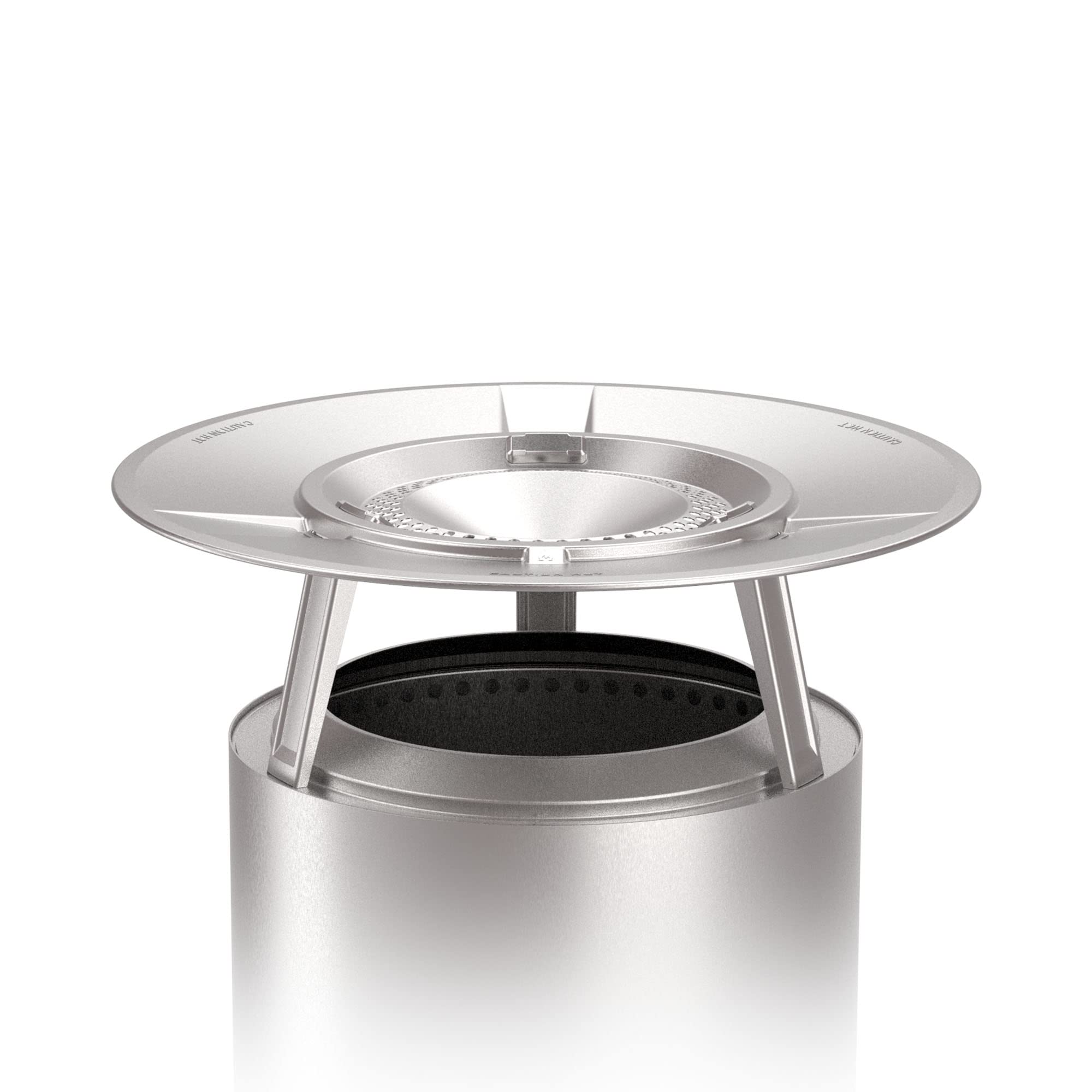 Solo Stove heat deflector front view showing angled design and warmth benefit