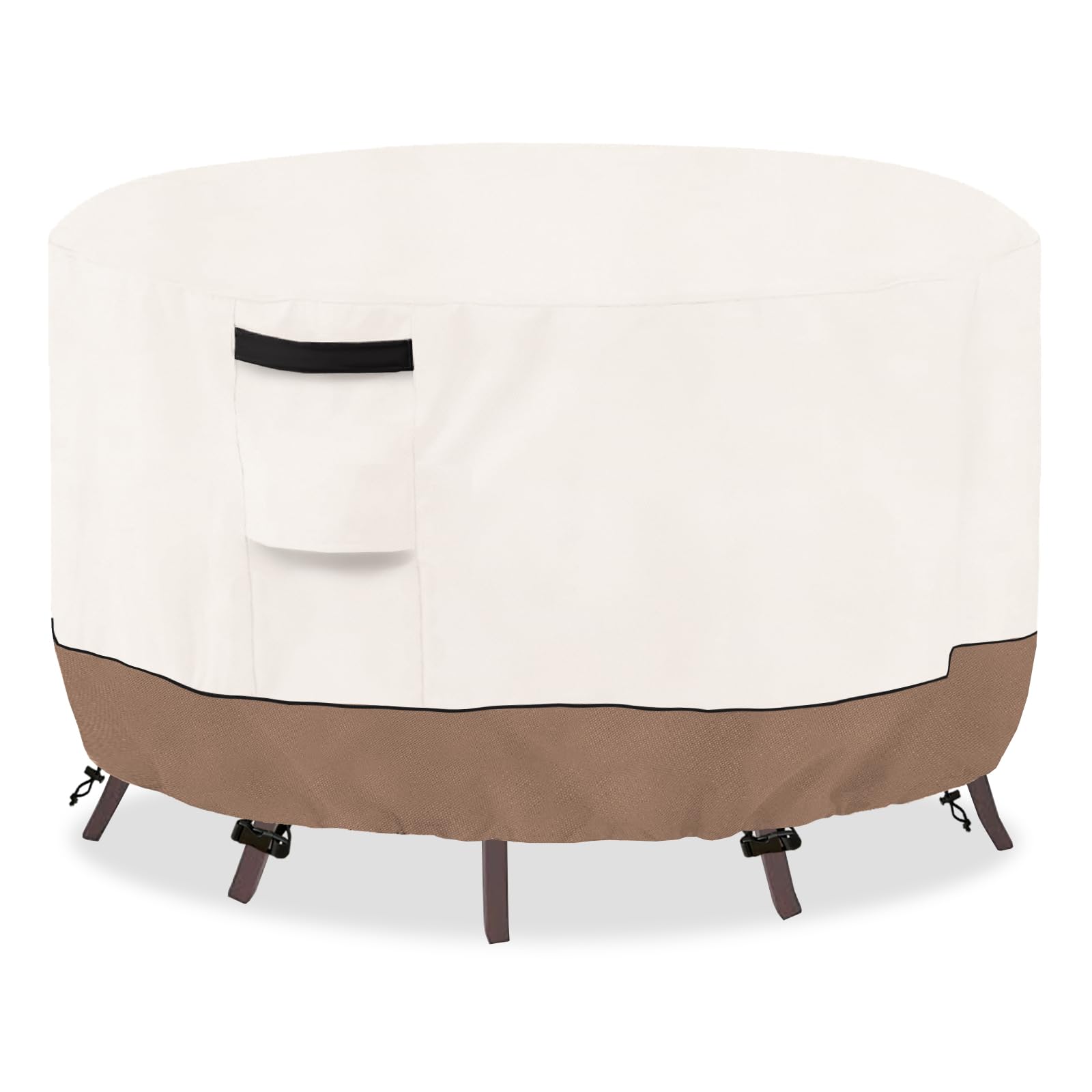 SoloToo front view of cover protecting a round table, shows full waterproof protection