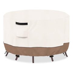 SoloToo front view of cover protecting a round table, shows full waterproof protection