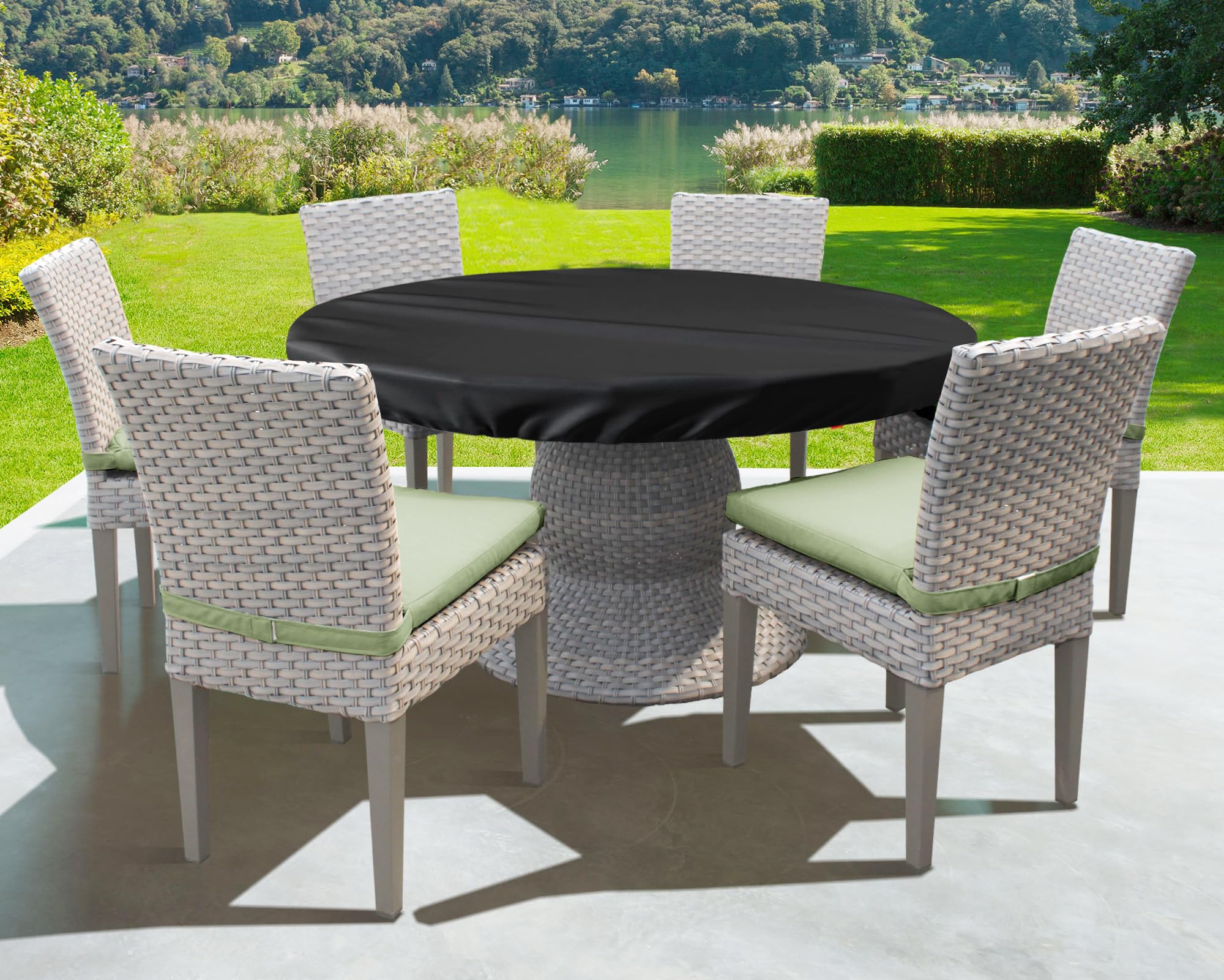 SoloToo fitted on a 48-inch round tabletop demonstrating tabletop-only coverage benefit