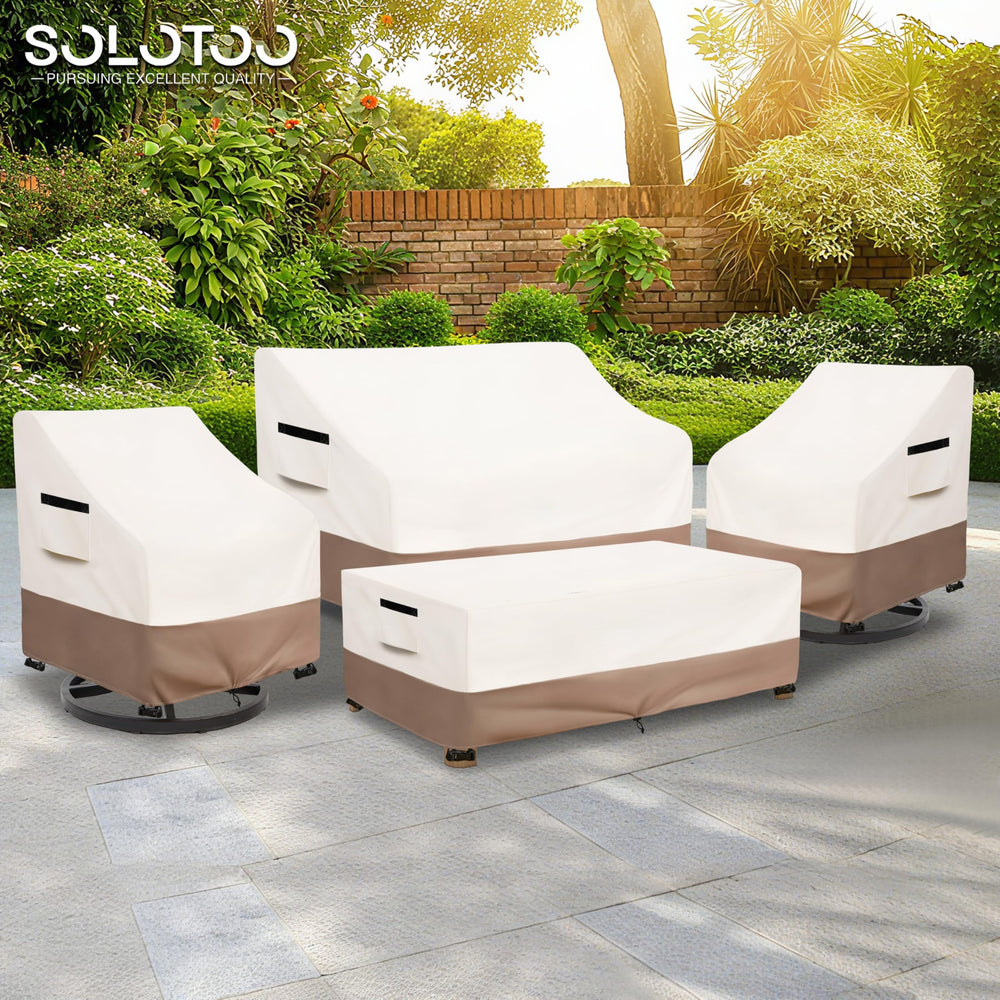 SoloToo two patio chairs covered showing snug all-weather fit