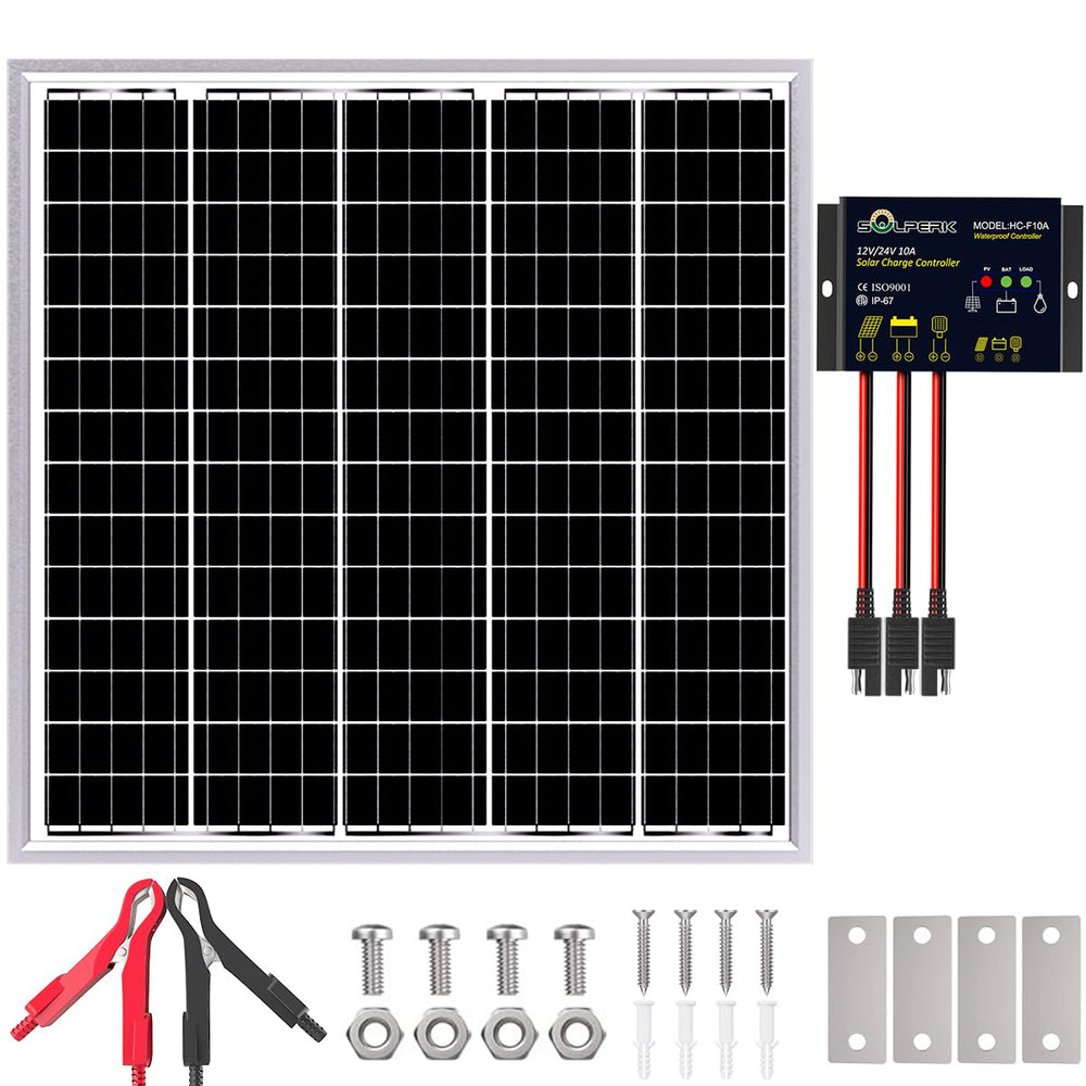 SOLPERK front view of 50W solar panel showing durable frame and cells for reliable charging
