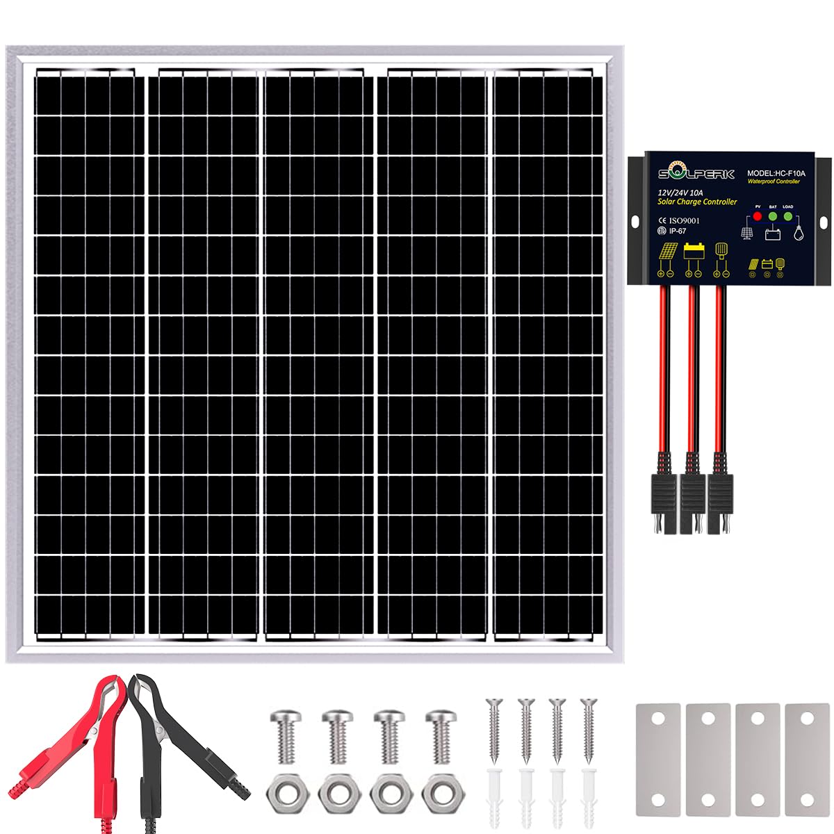 SOLPERK front view of 50W solar panel showing durable frame and cells for reliable charging