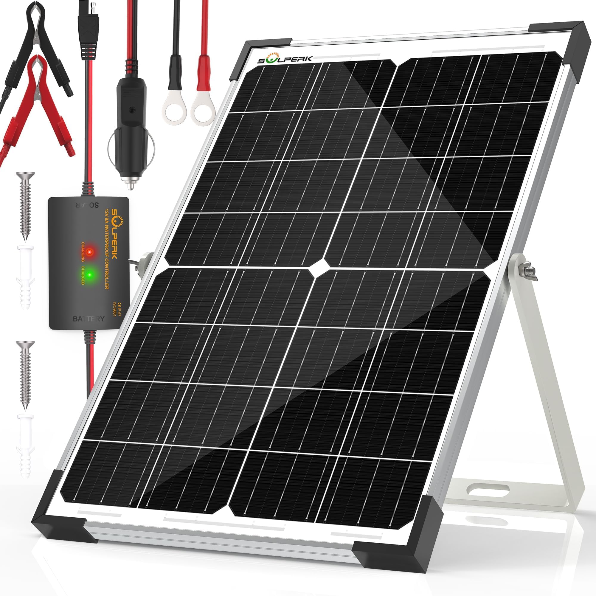SOLPERK front view of complete solar kit showing panel and controller, durable and ready