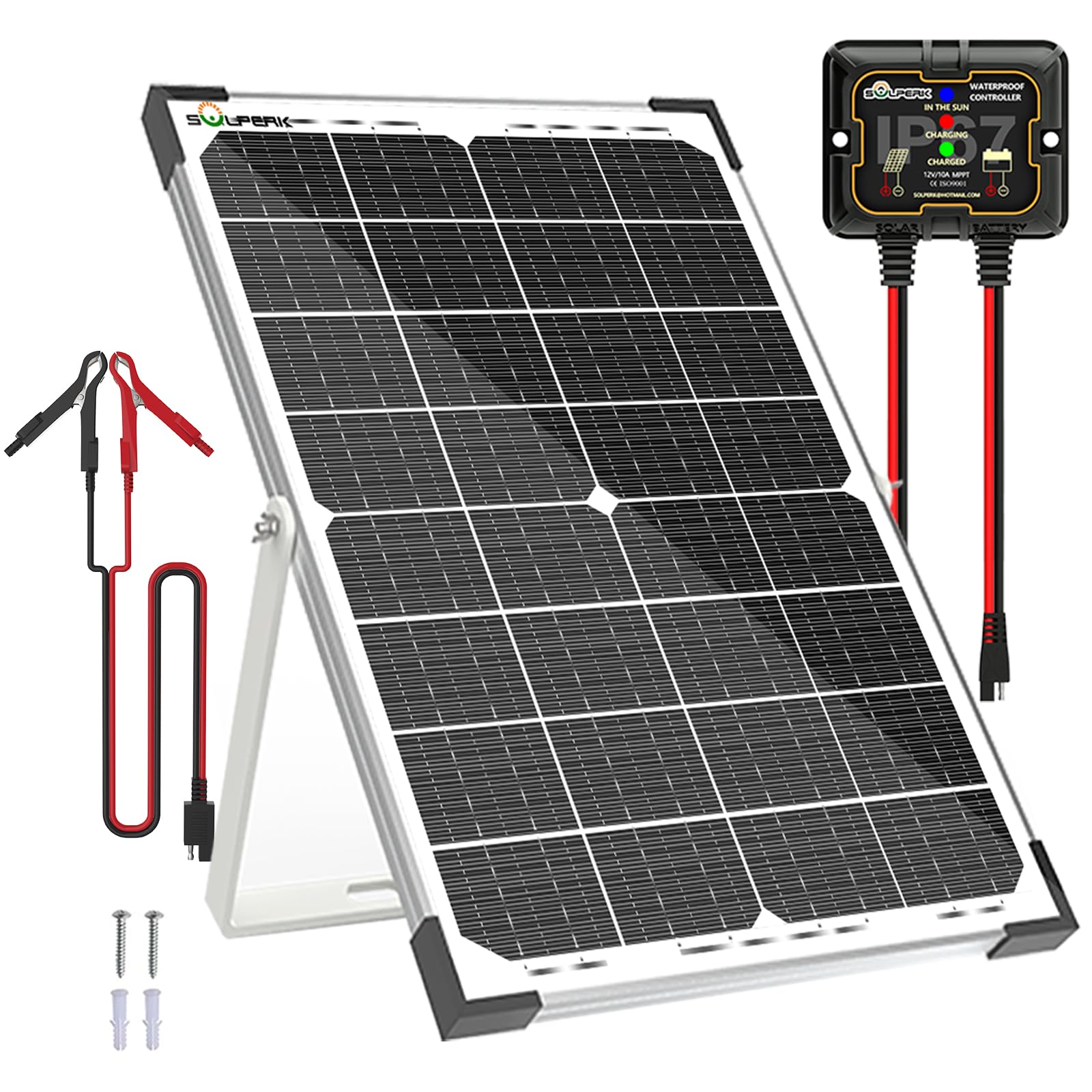 SOLPERK front view of 30W solar panel showing frame and glass, durable outdoors