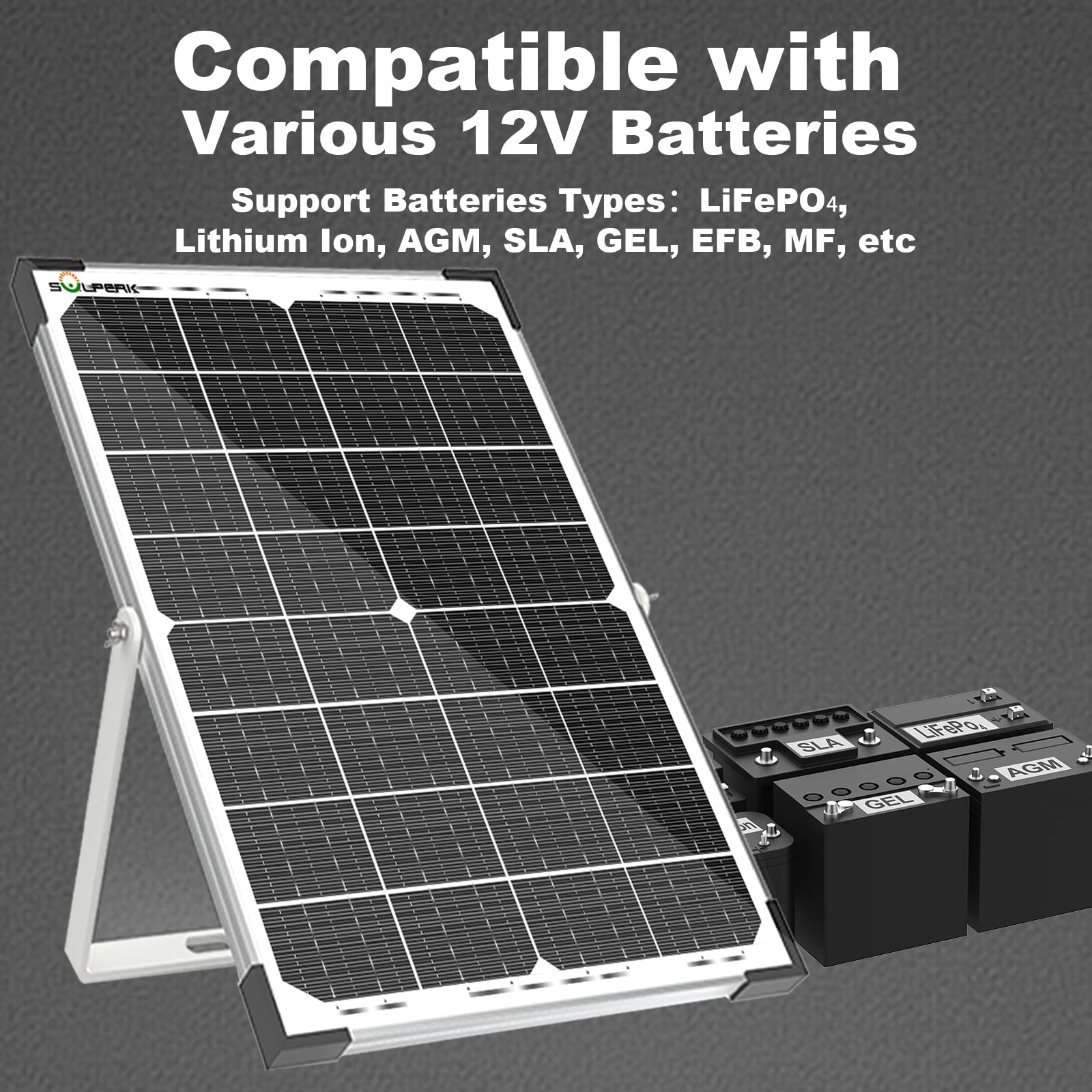 SOLPERK panel mounted on adjustable bracket tilted toward sun for optimal charging