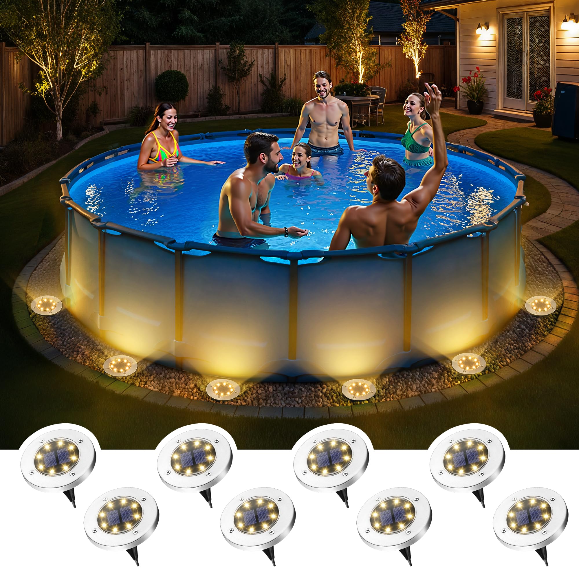 SOLPEX front view attached to pool rim showing even warm-white lighting