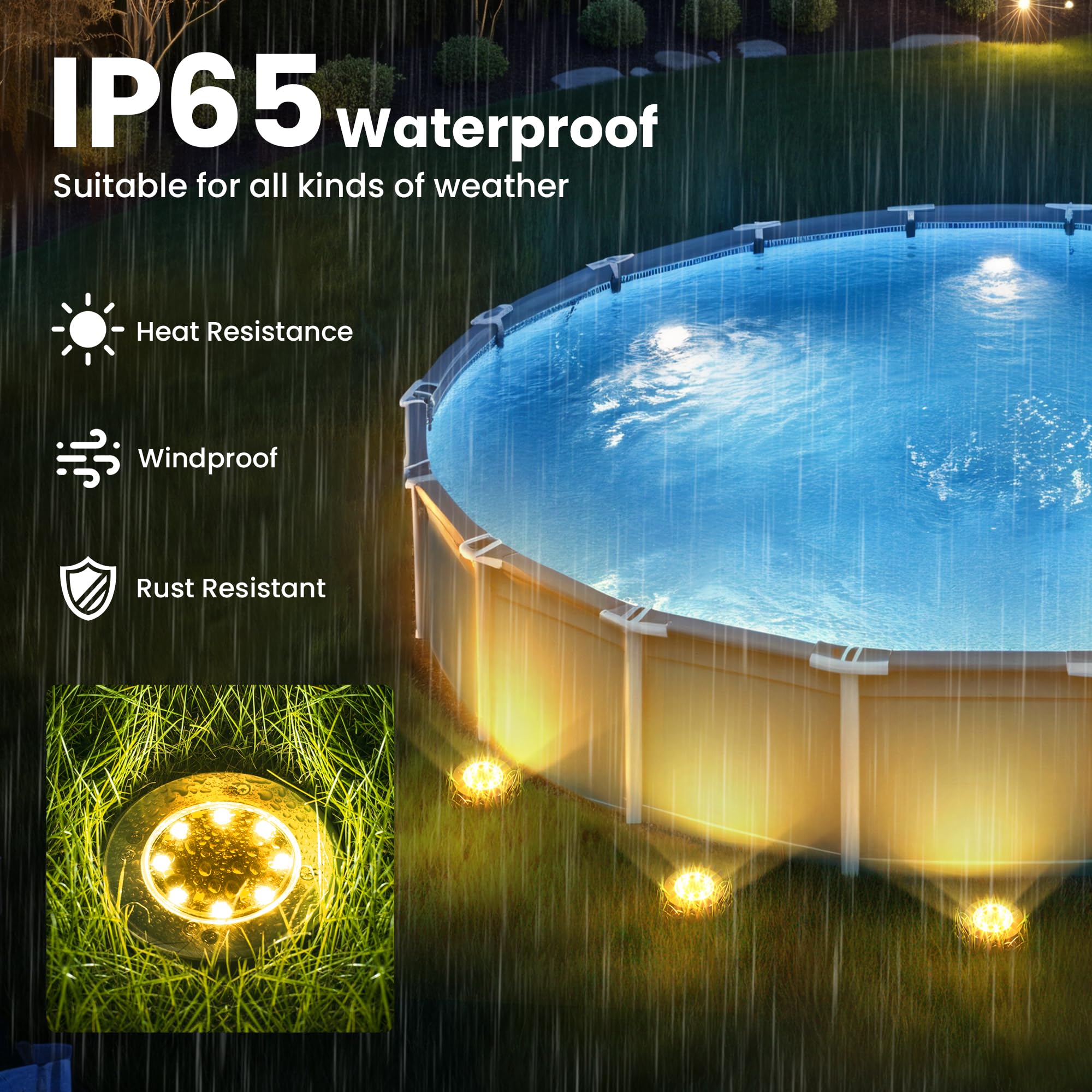 SOLPEX mounted around an above-ground pool at dusk adding safety and atmosphere