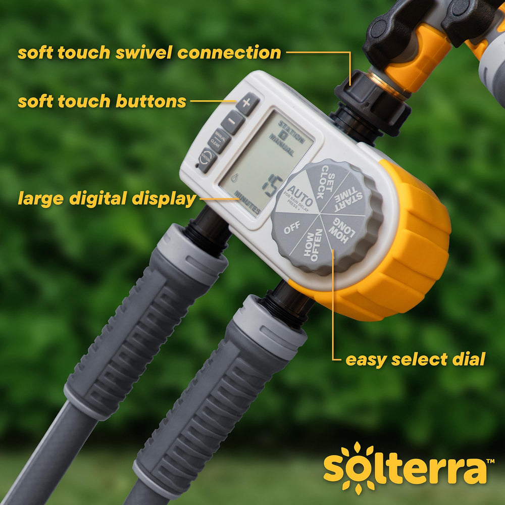 Solterra 28153 mounted on spigot in garden demonstrating automated watering convenience