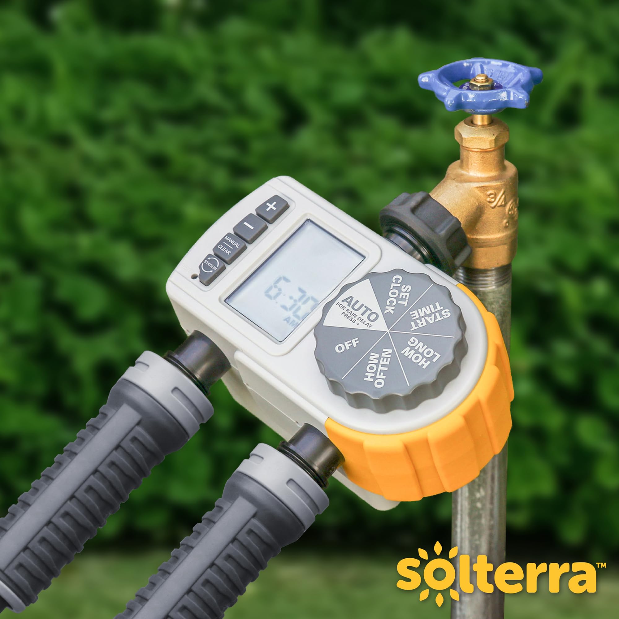 Solterra 28153 size comparison next to standard faucet showing compact installation