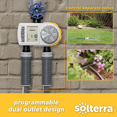 Solterra 28153 two outlets and valve top illustrating independent zone watering