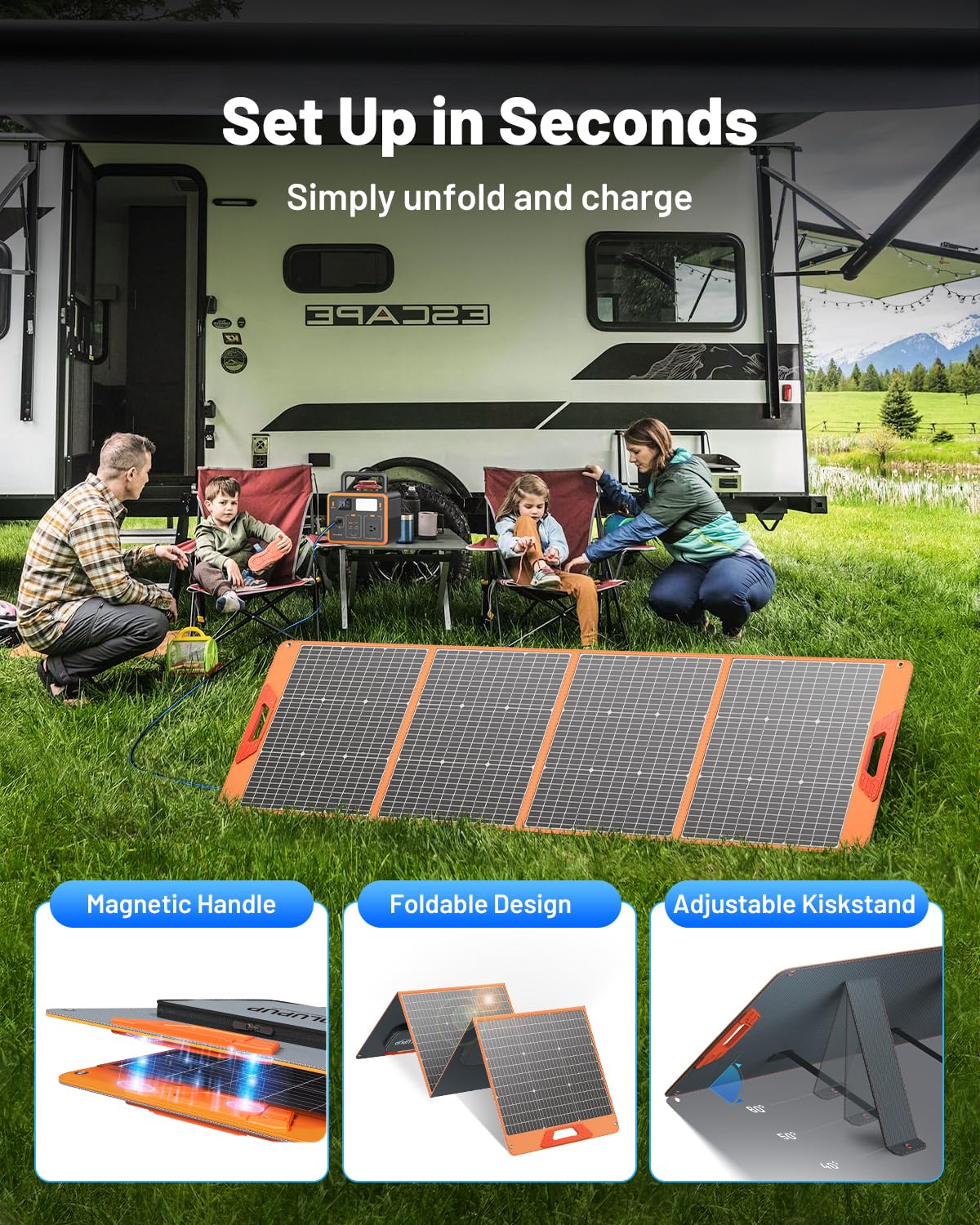 SOLUPUP panel connected to portable power station demonstrating fast charging