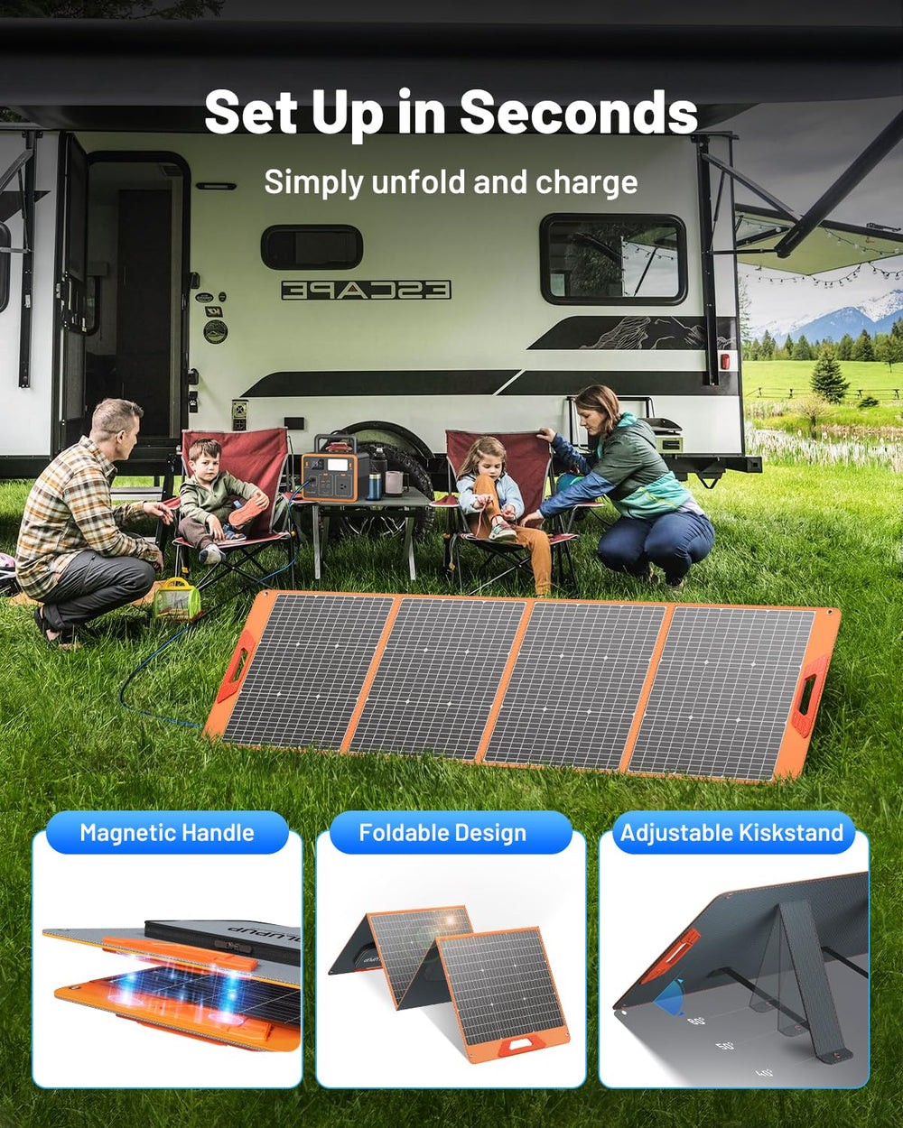SOLUPUP panel connected to portable power station demonstrating fast charging