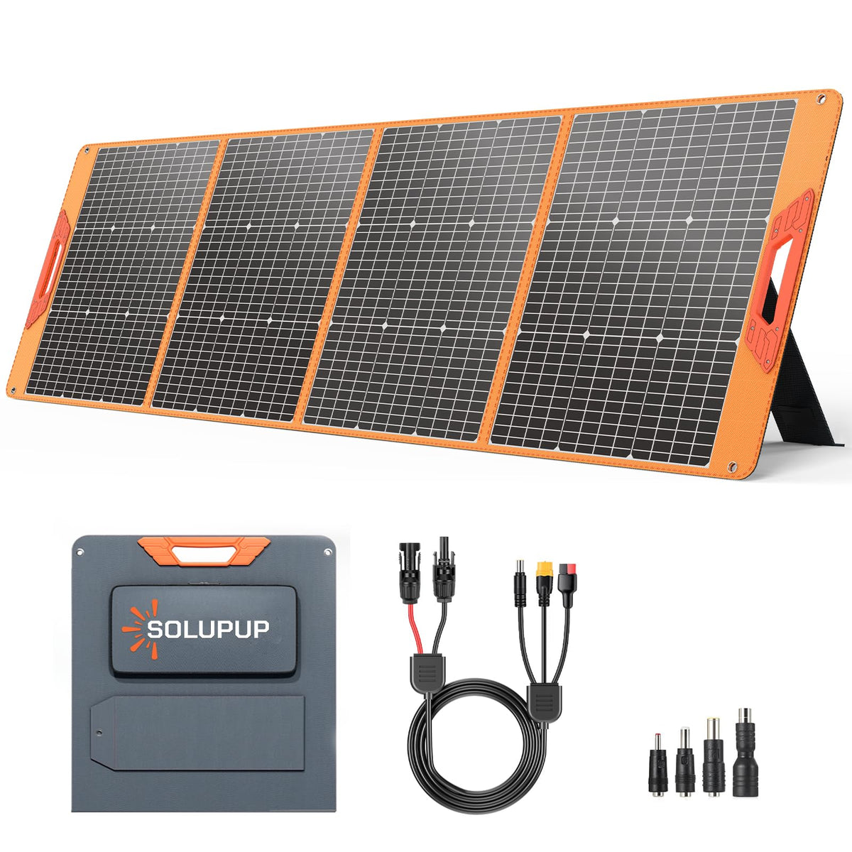 SOLUPUP folded 200W panel front view showing compact portability and handle