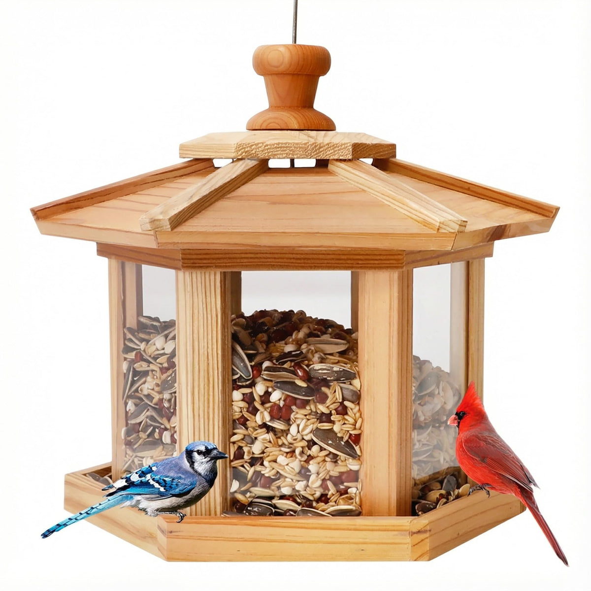 Solution4Patio front view of cedar hexagon feeder showing durable design and bird access