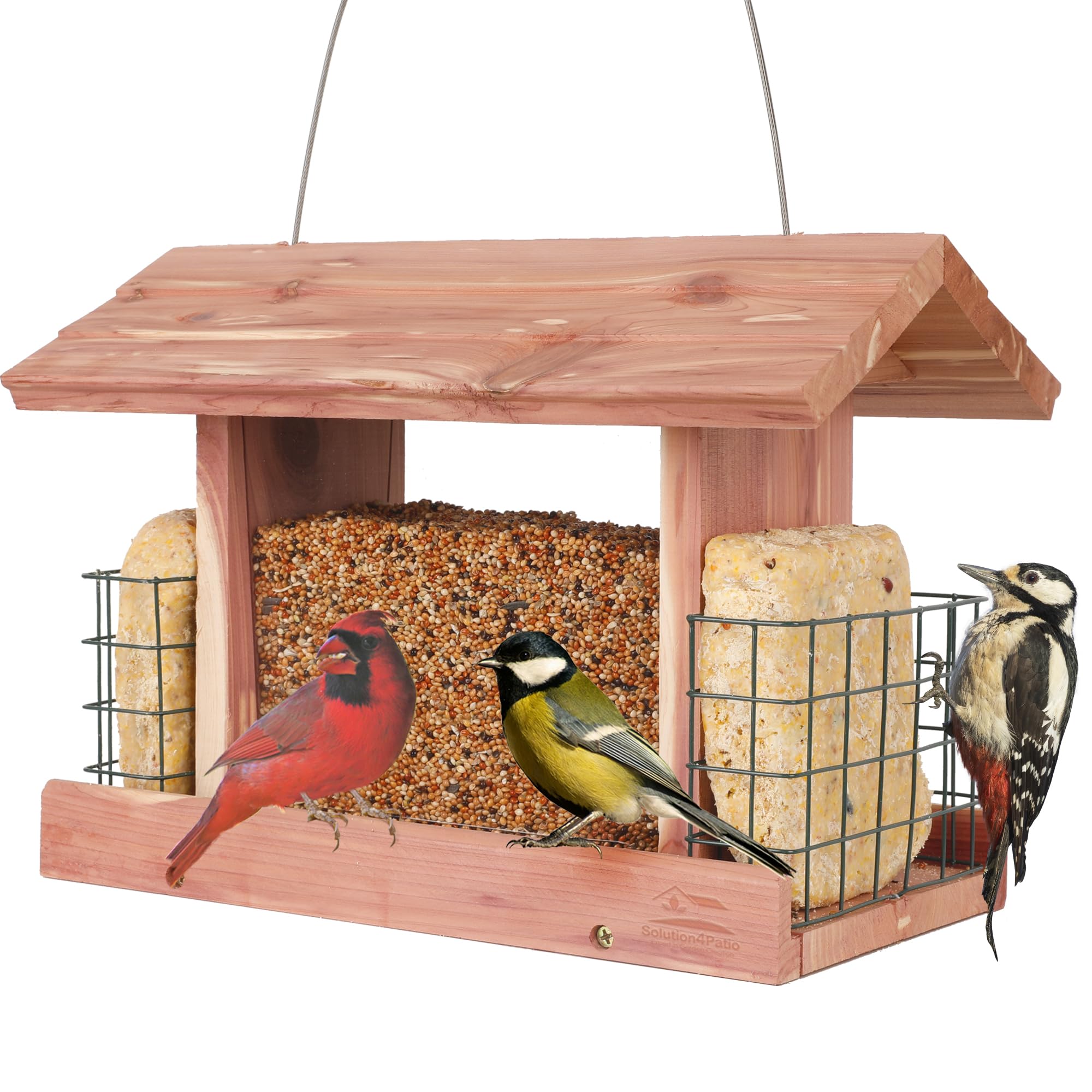 Solution4Patio front view of cedar hopper feeder showing balanced feeding access