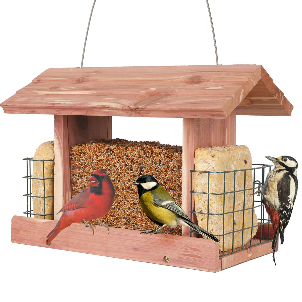 Solution4Patio front view of cedar hopper feeder showing balanced feeding access